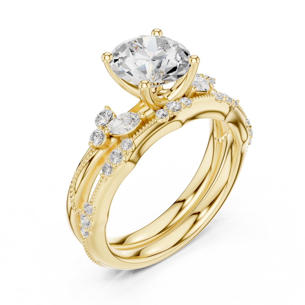Round Cut Diamond Bridal Ring Set with Marquise Accents – view 11 of 12, lab grown diamond ring | Jewelix Atelier