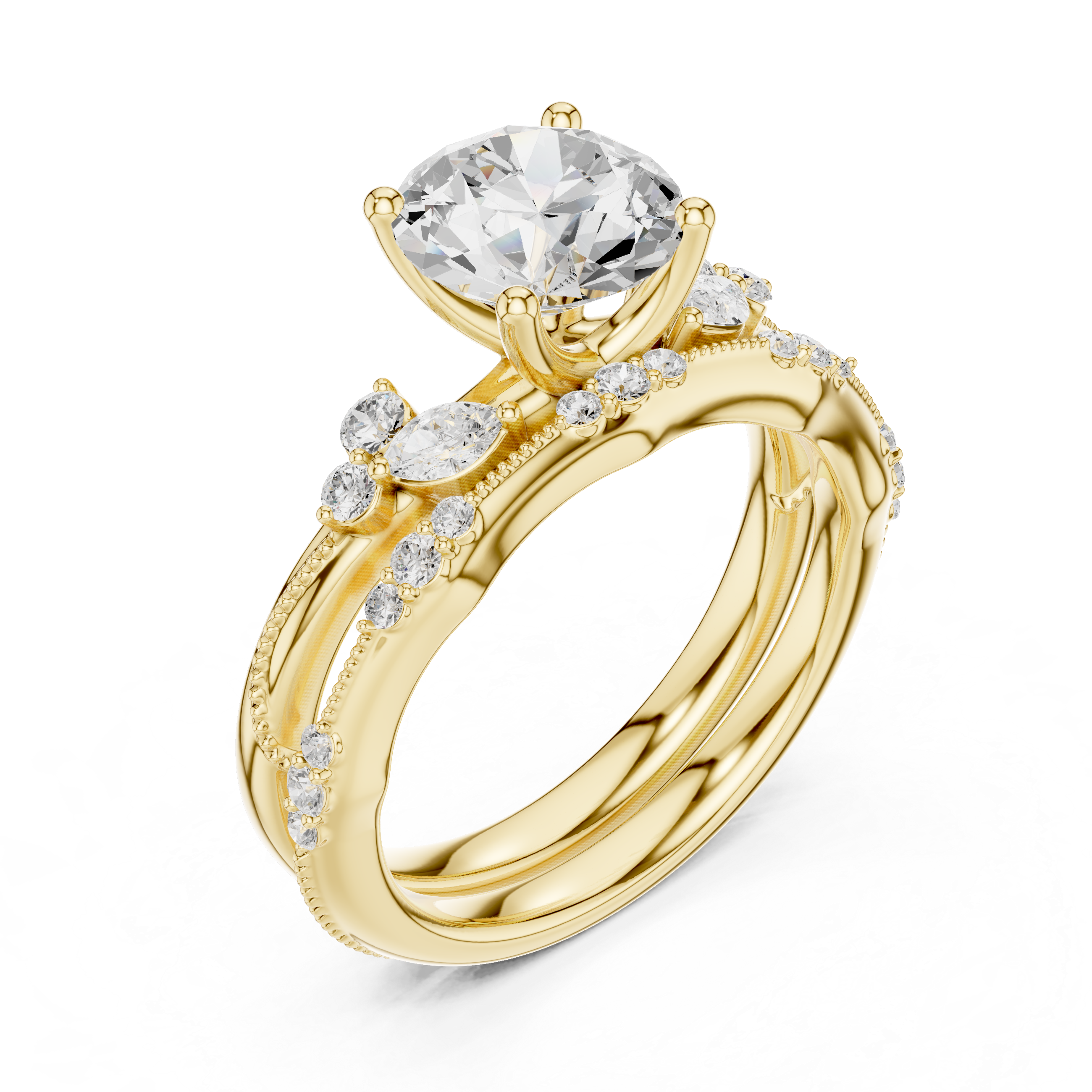 2.37 CT Round Cut Diamond Bridal Ring Set with Marquise Accents