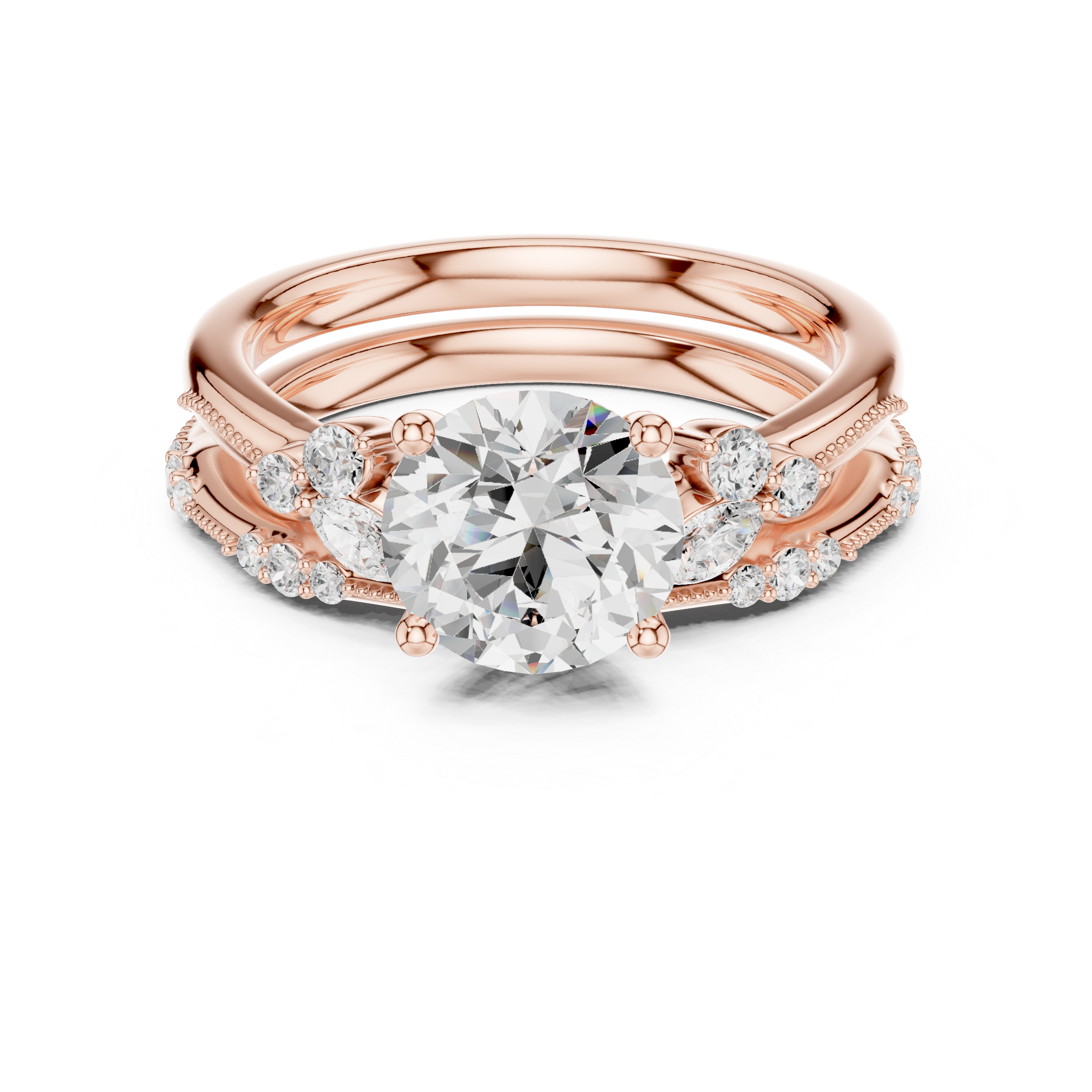 2.37 CT Round Cut Diamond Bridal Ring Set with Marquise Accents