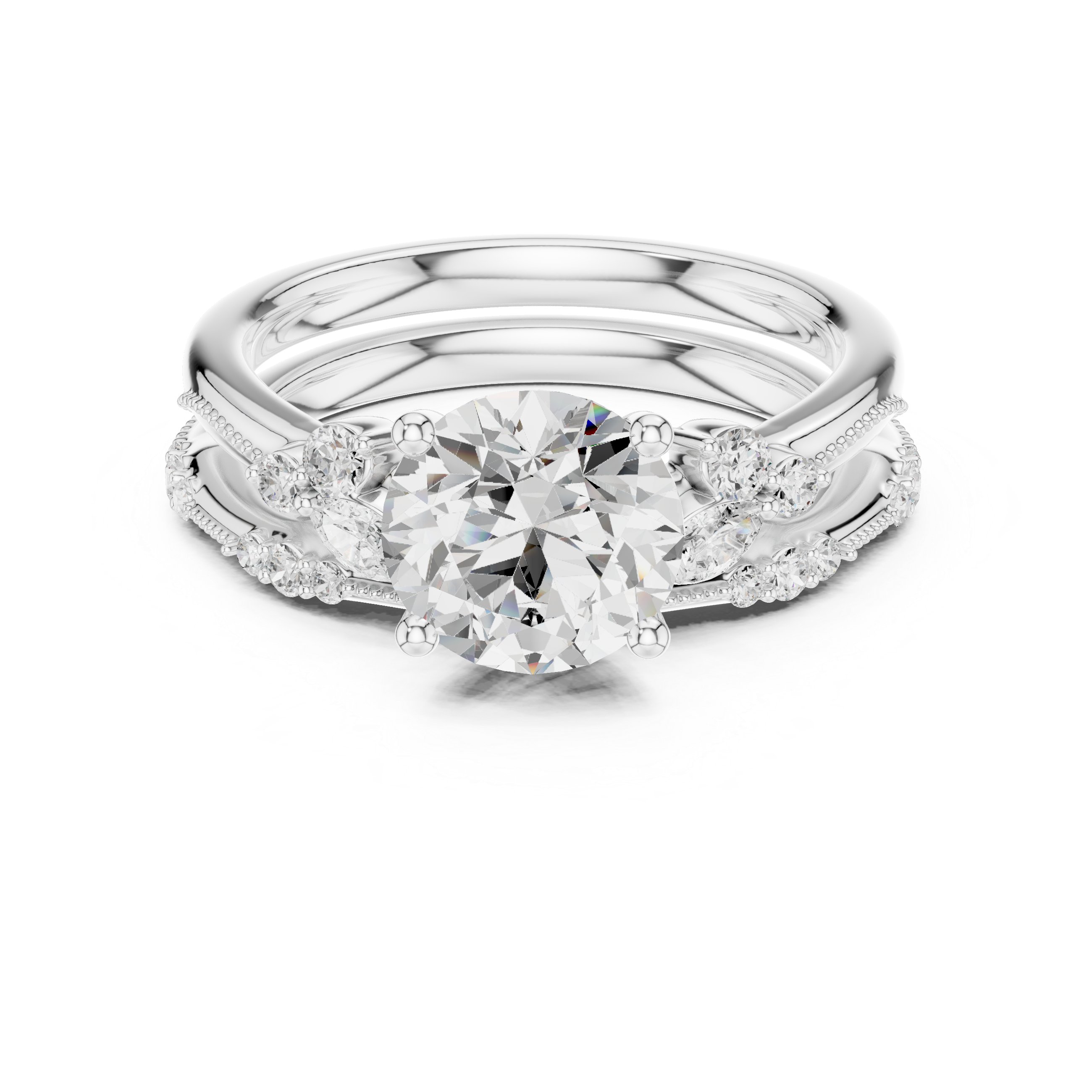2.37 CT Round Cut Diamond Bridal Ring Set with Marquise Accents