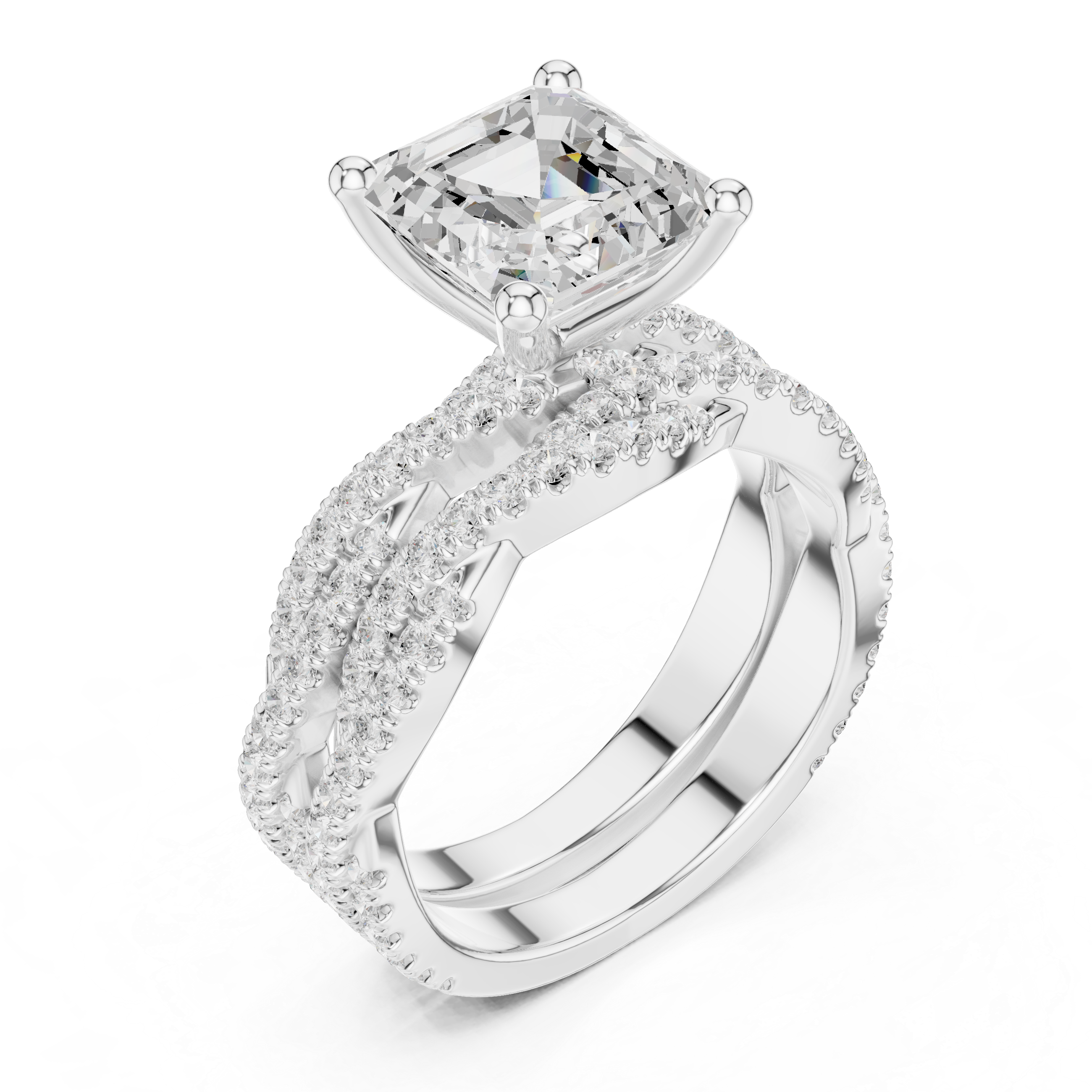 3.23 CT Asscher Cut Diamond Triple Pavé Engagement Ring