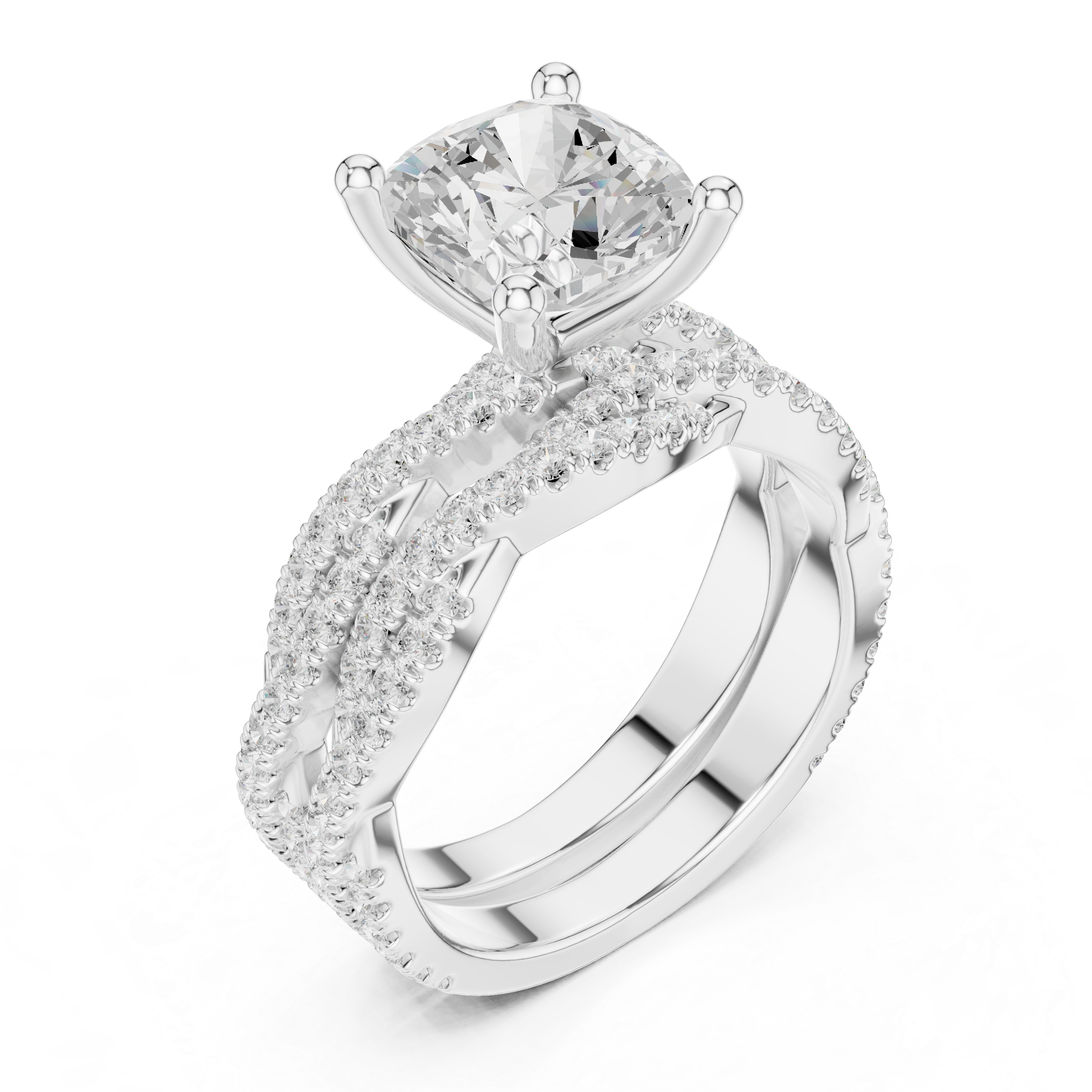 3.23 CT Cushion Cut Diamond Triple Pavé Engagement Ring