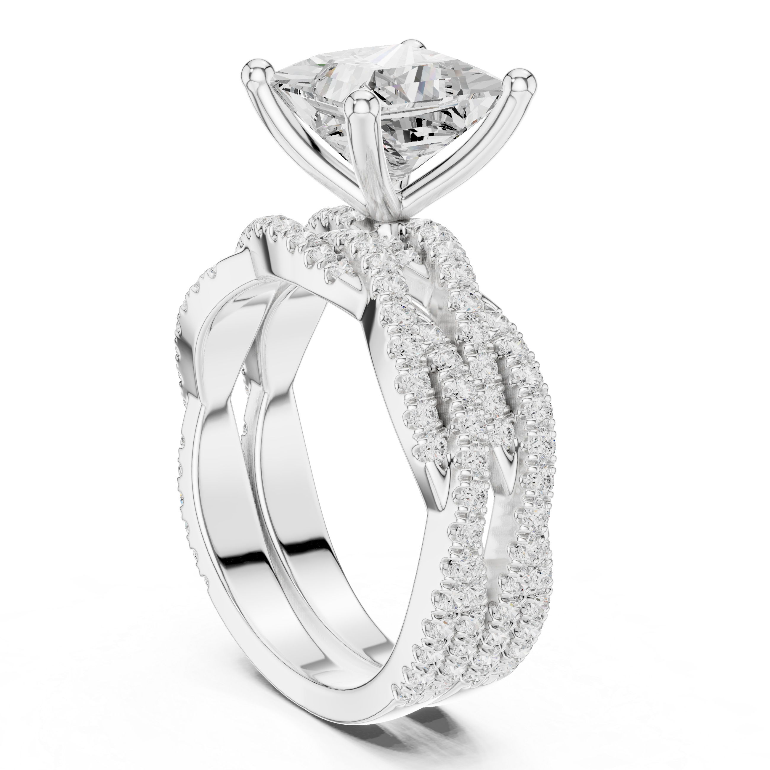 3.23 CT Princess Cut Triple Pavé Diamond Engagement Ring