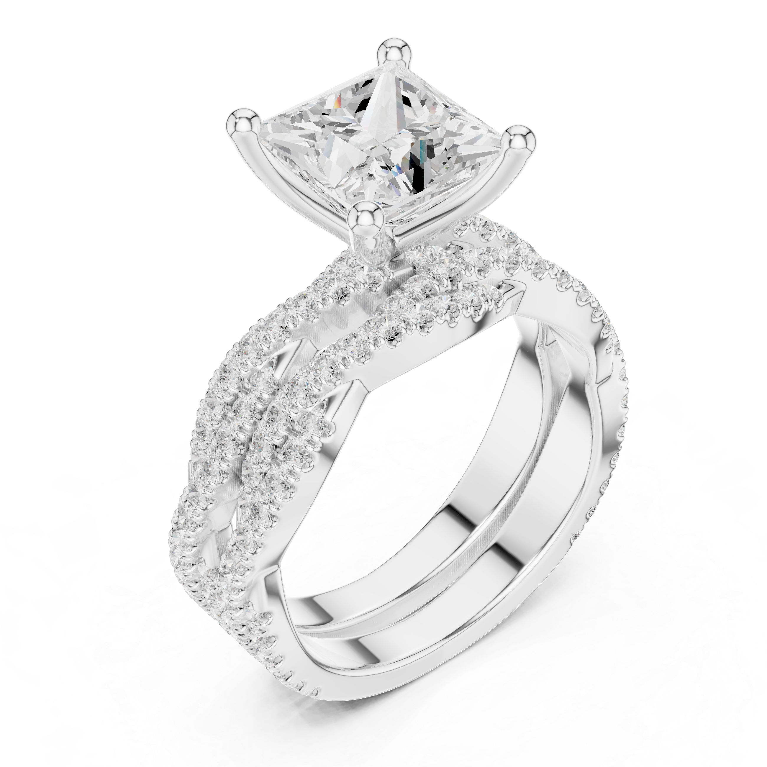 3.23 CT Princess Cut Triple Pavé Diamond Engagement Ring