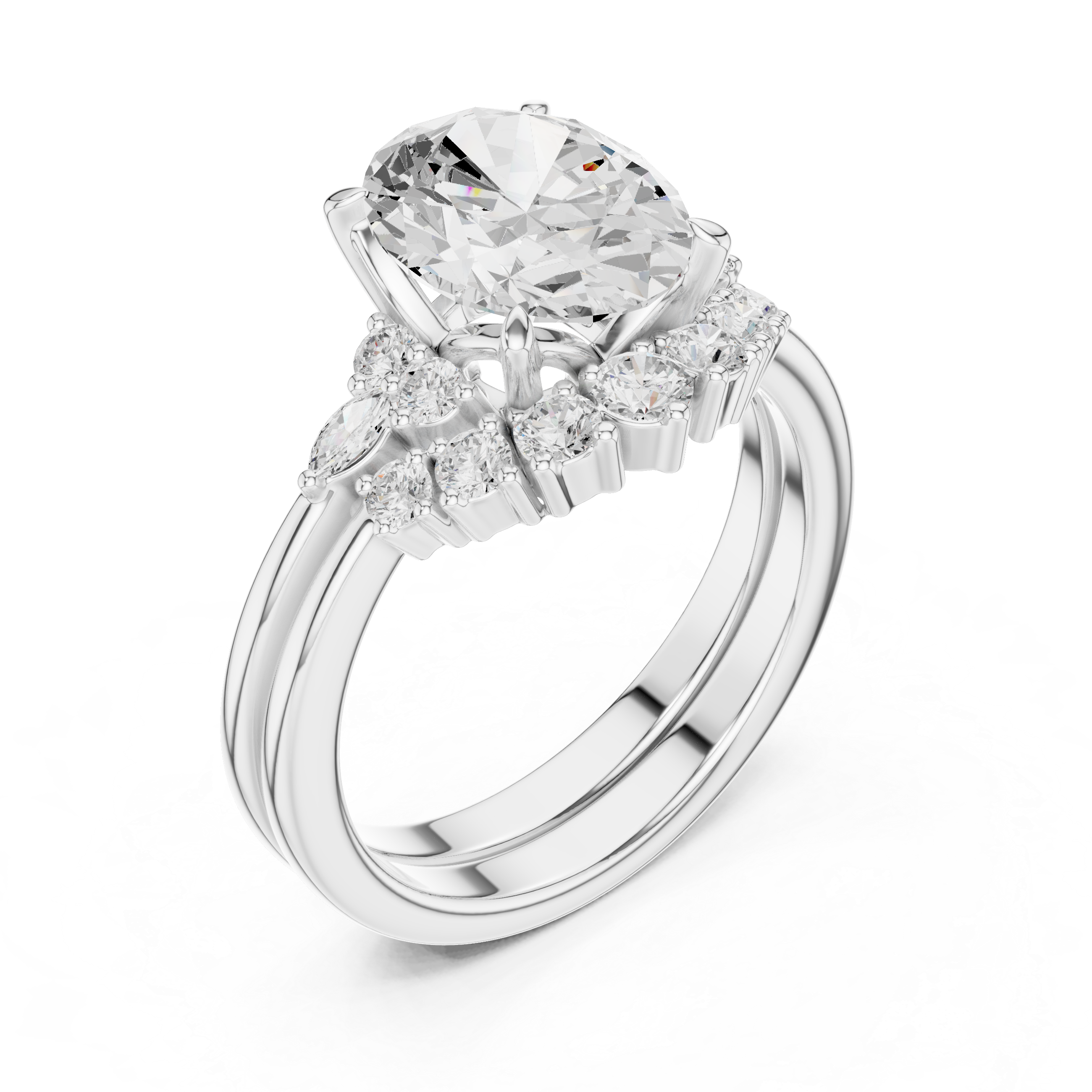 Oval Diamond Cluster Engagement Ring with Split Shank
