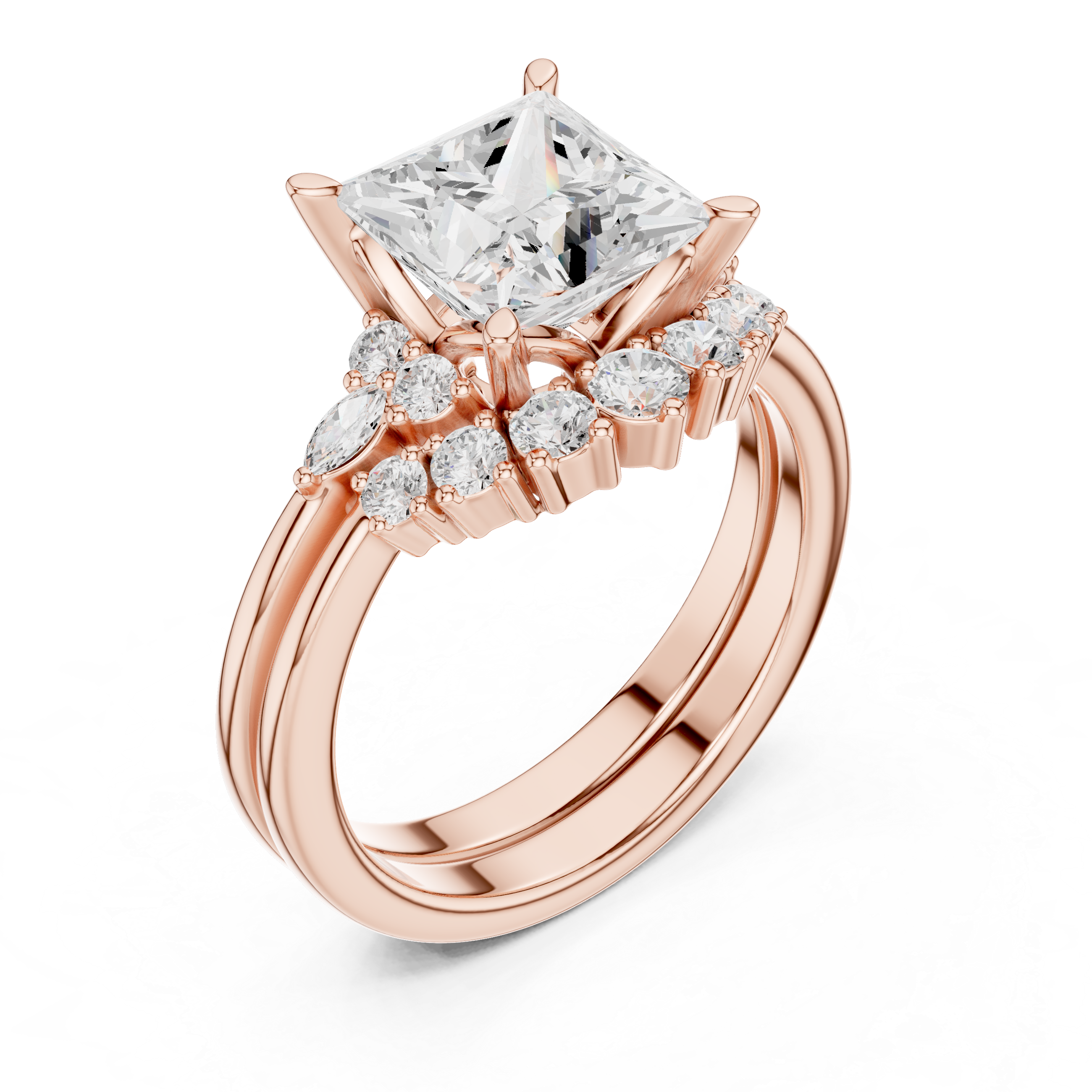 Princess Diamond Cluster Engagement Ring with Split Shank