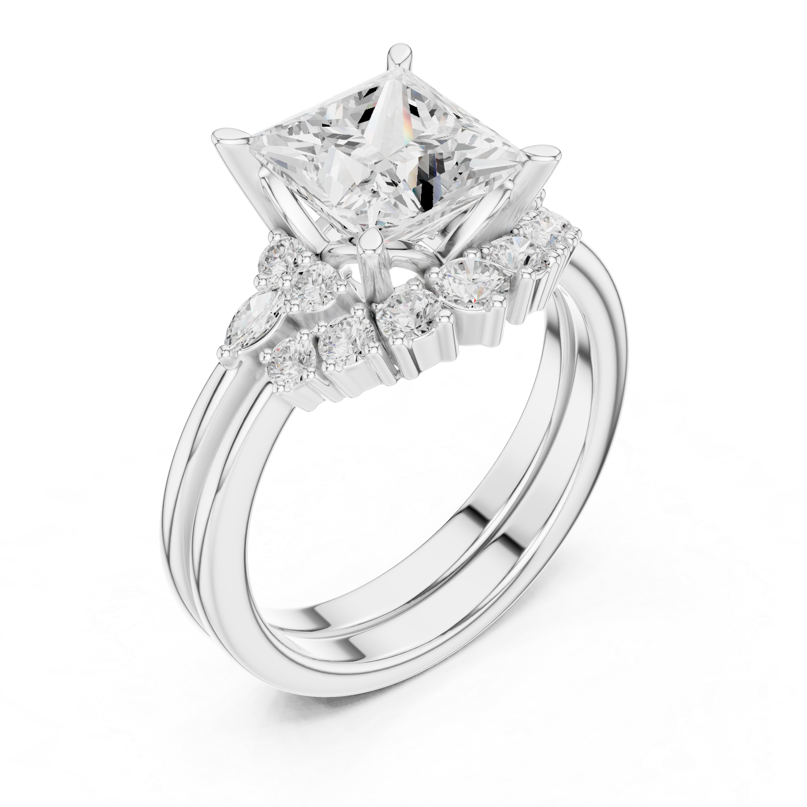 Princess Diamond Cluster Engagement Ring with Split Shank