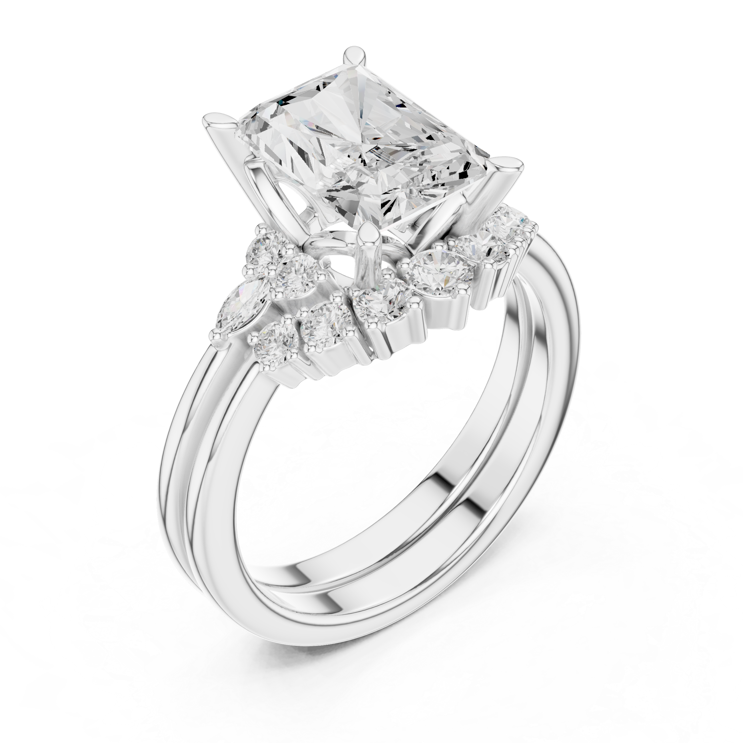 Radiant Diamond Cluster Engagement Ring with Split Shank