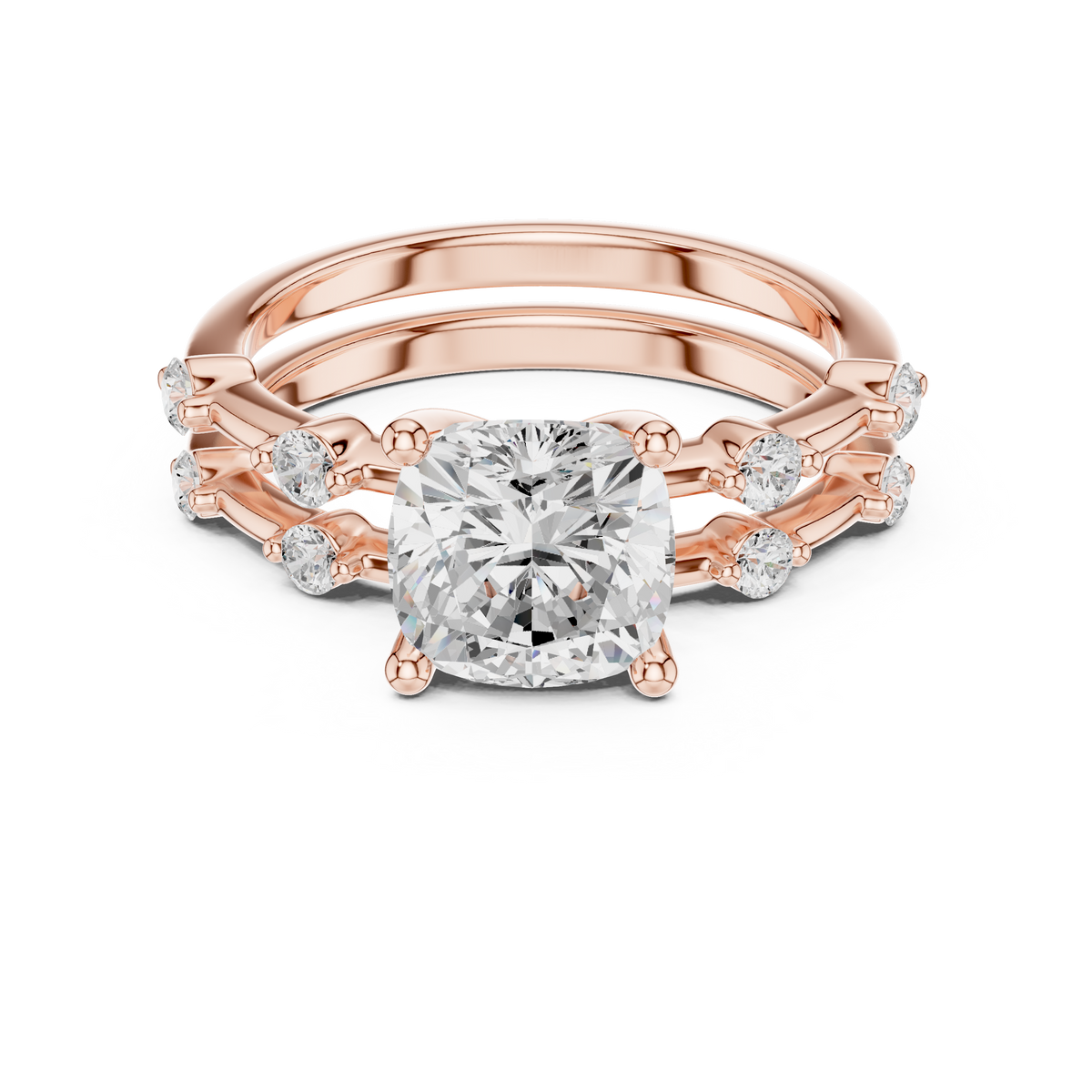 Vintage Cushion Cut Diamond Double Band Engagement Ring – view 3 of 6, lab grown diamond band | Jewelix Atelier