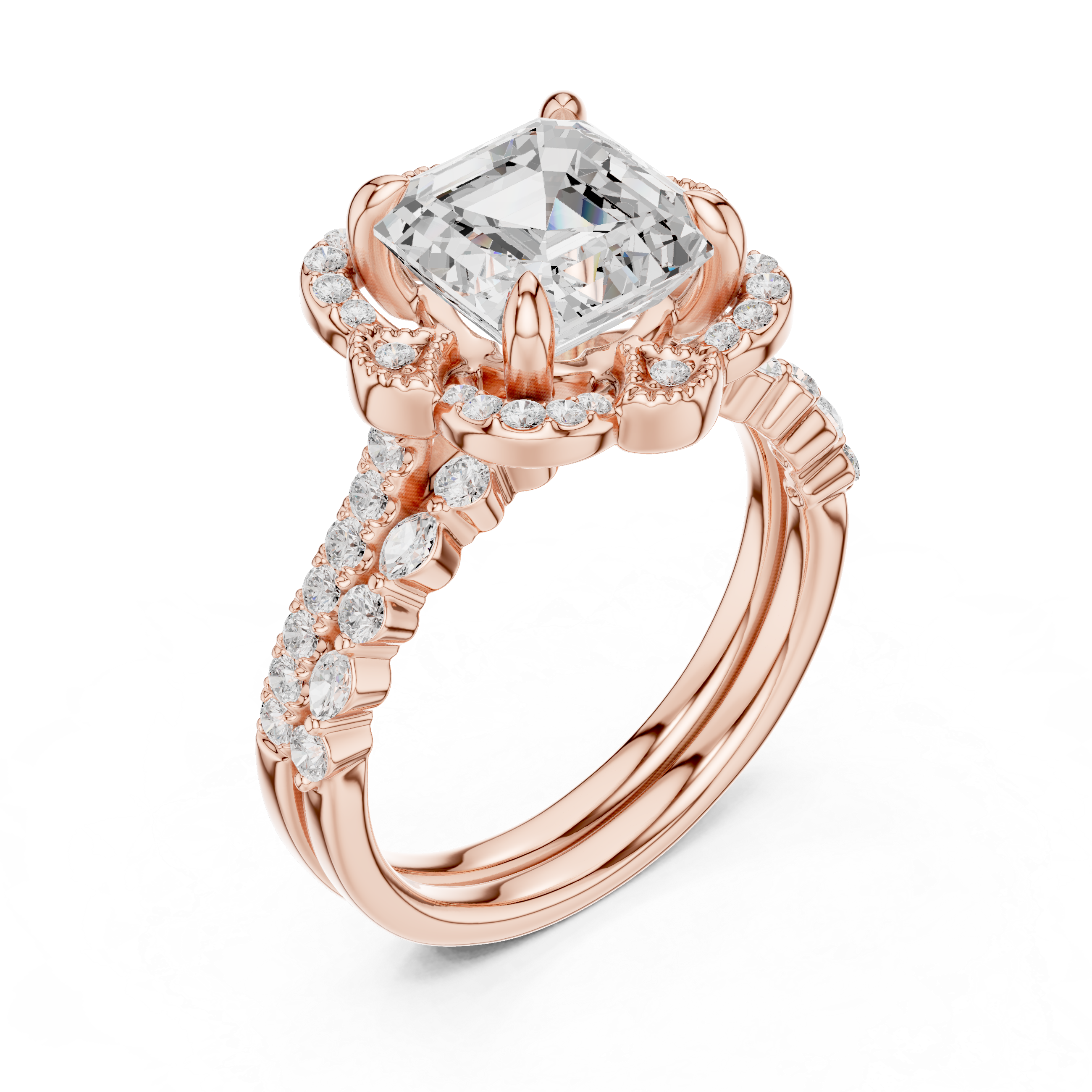 3.56 CT Asscher Cut Floral Halo Diamond Engagement Ring