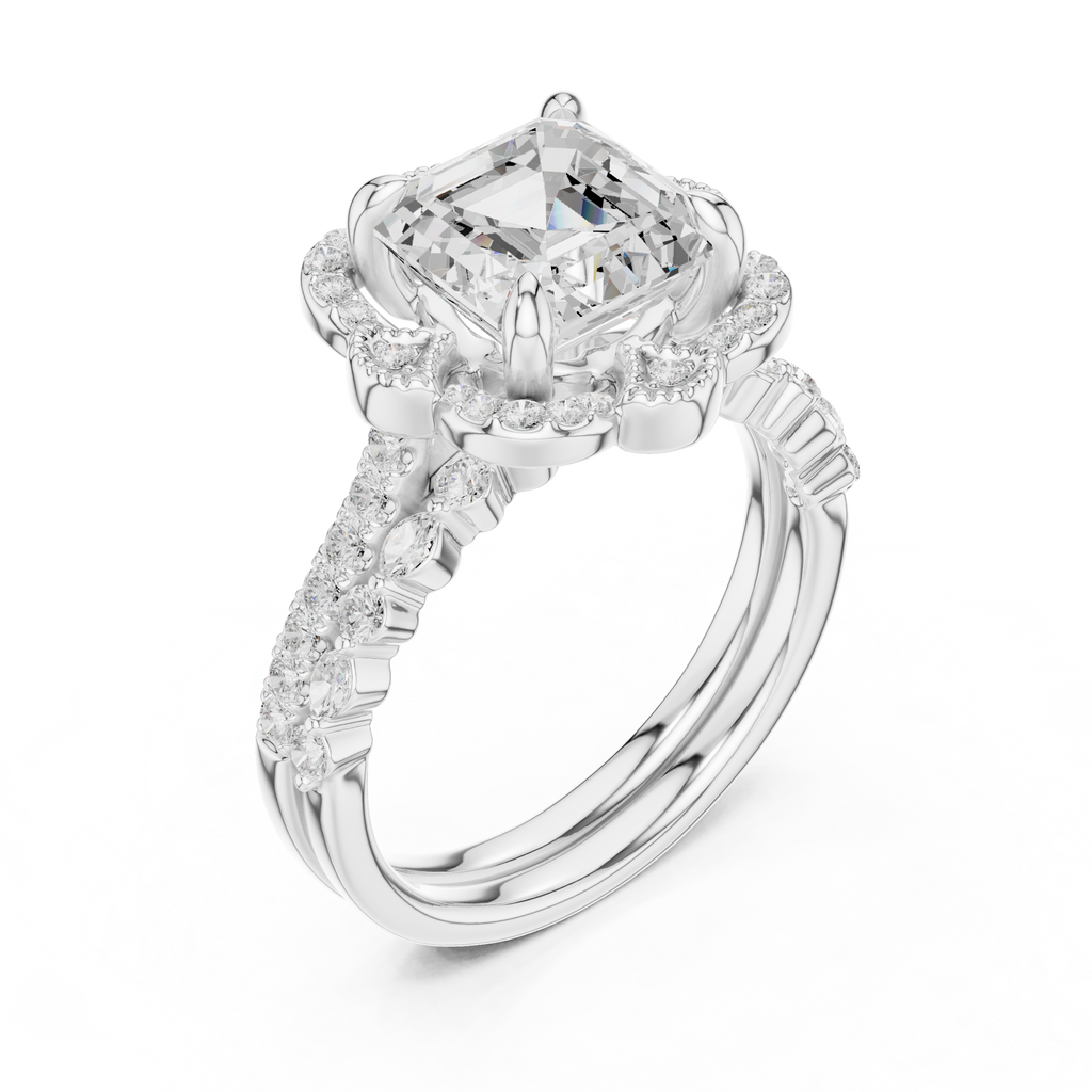 3.56 CT Asscher Cut Floral Halo Diamond Engagement Ring
