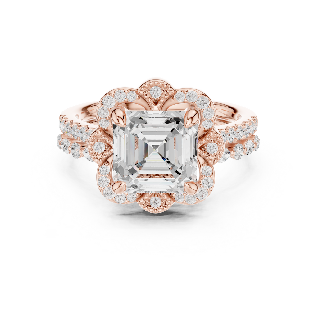 3.56 CT Asscher Cut Floral Halo Diamond Engagement Ring