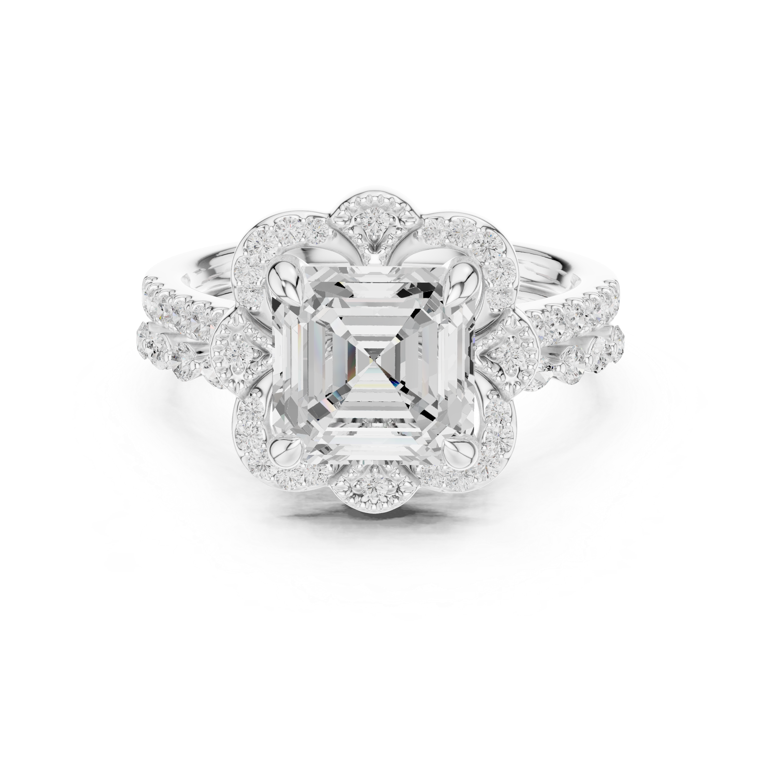 3.56 CT Asscher Cut Floral Halo Diamond Engagement Ring