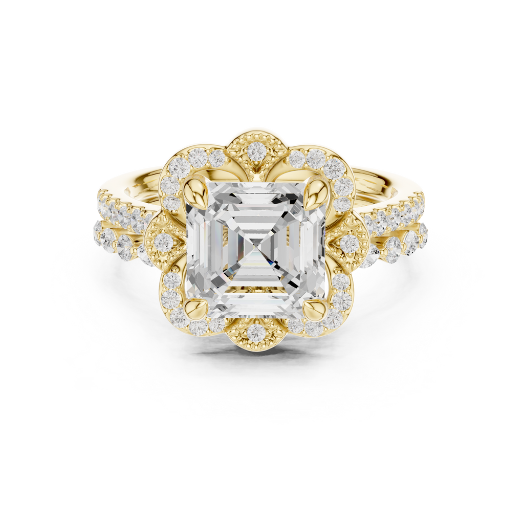 3.56 CT Asscher Cut Floral Halo Diamond Engagement Ring