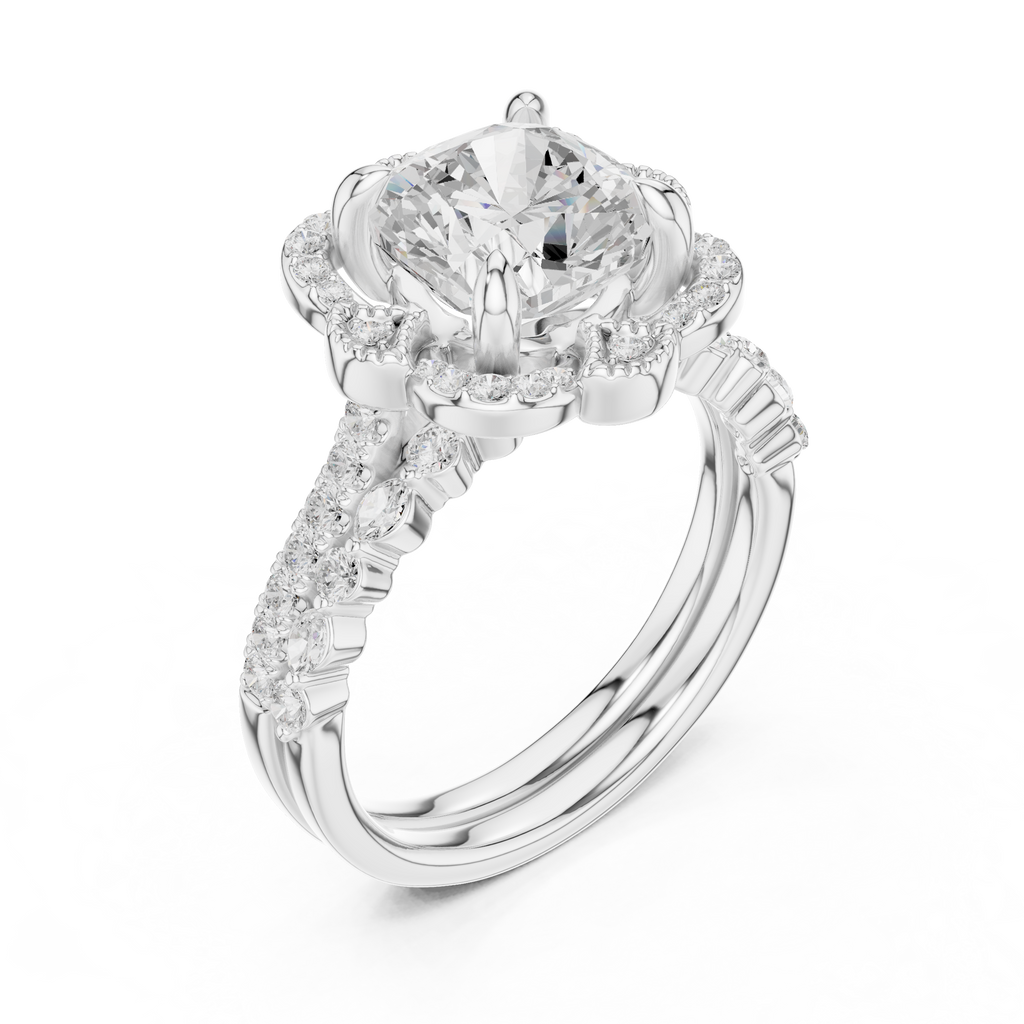 3.56 CT Cushion Cut Floral Halo Diamond Engagement Ring