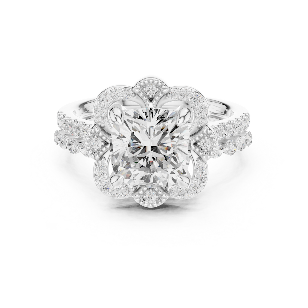 3.56 CT Cushion Cut Floral Halo Diamond Engagement Ring