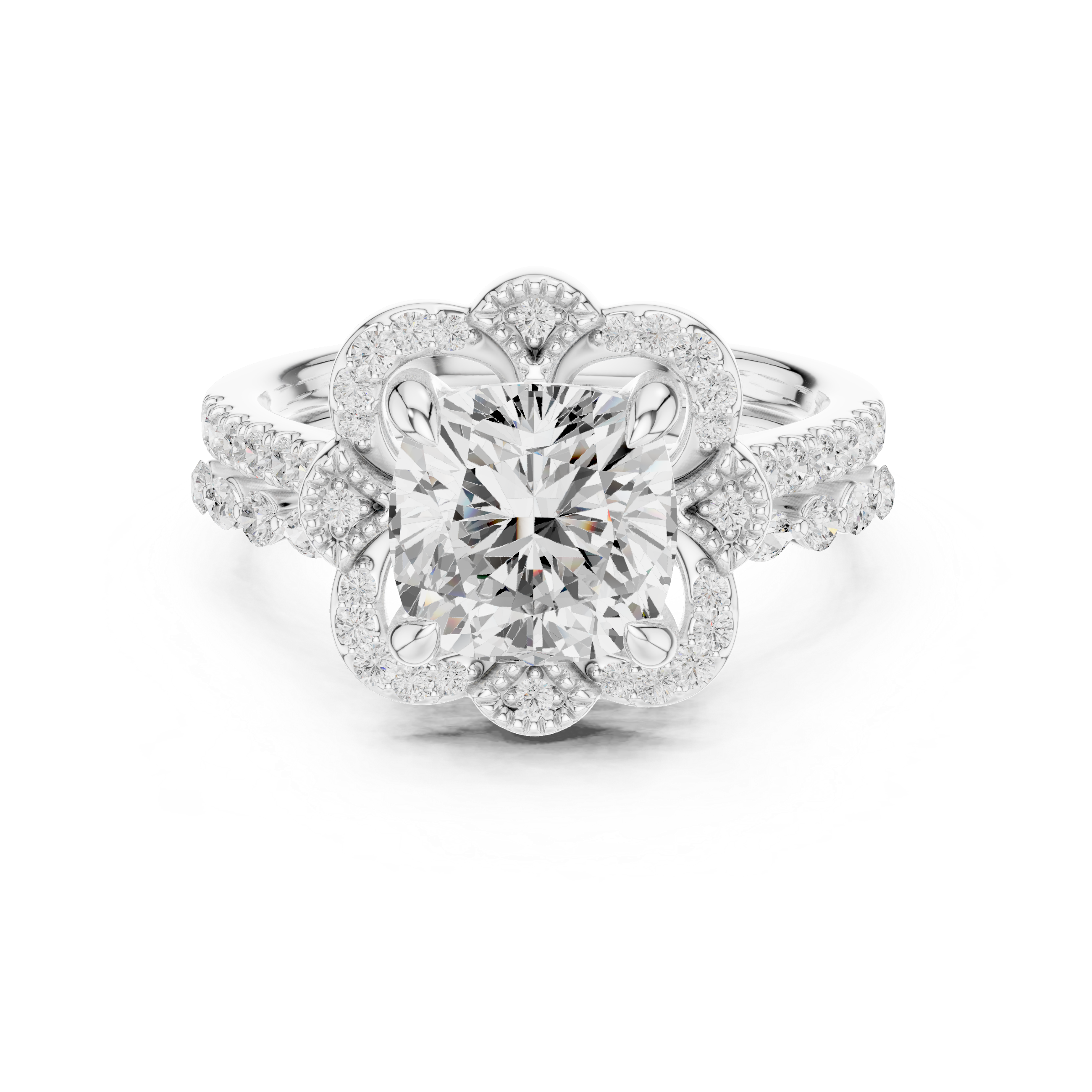3.56 CT Cushion Cut Floral Halo Diamond Engagement Ring