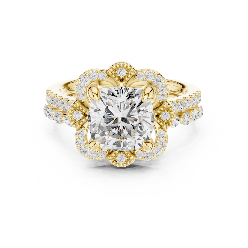 3.56 CT Cushion Cut Floral Halo Diamond Engagement Ring