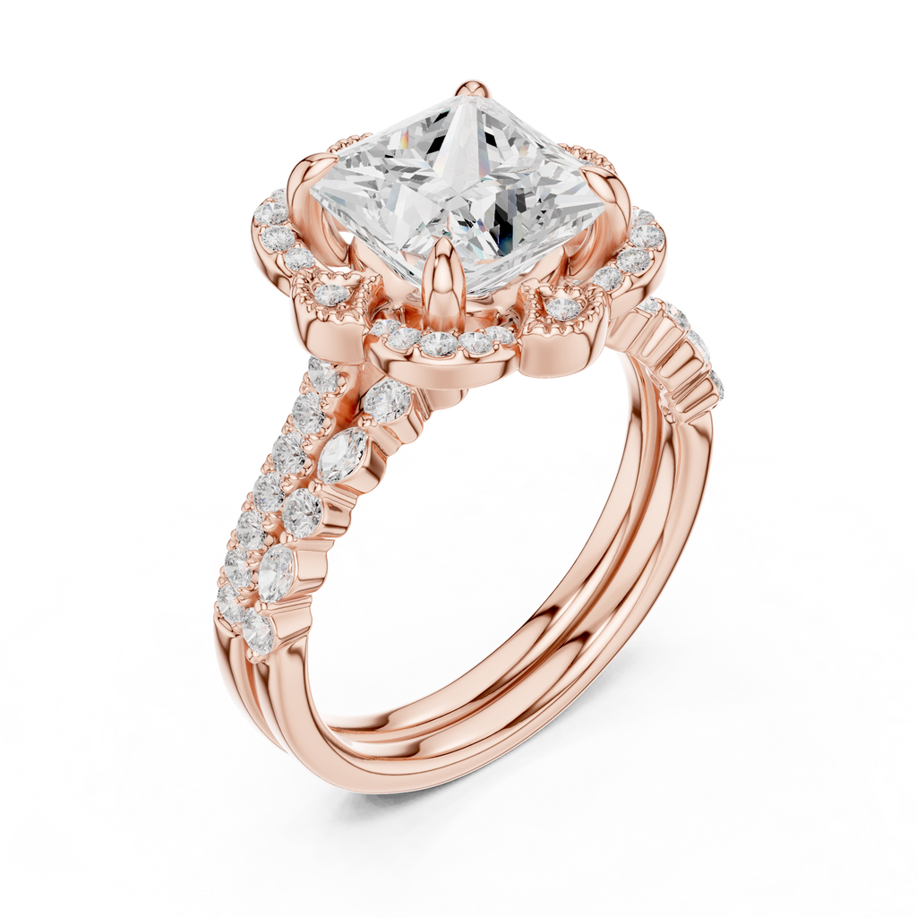 3.56 CT Princess Cut Floral Halo Diamond Engagement Ring