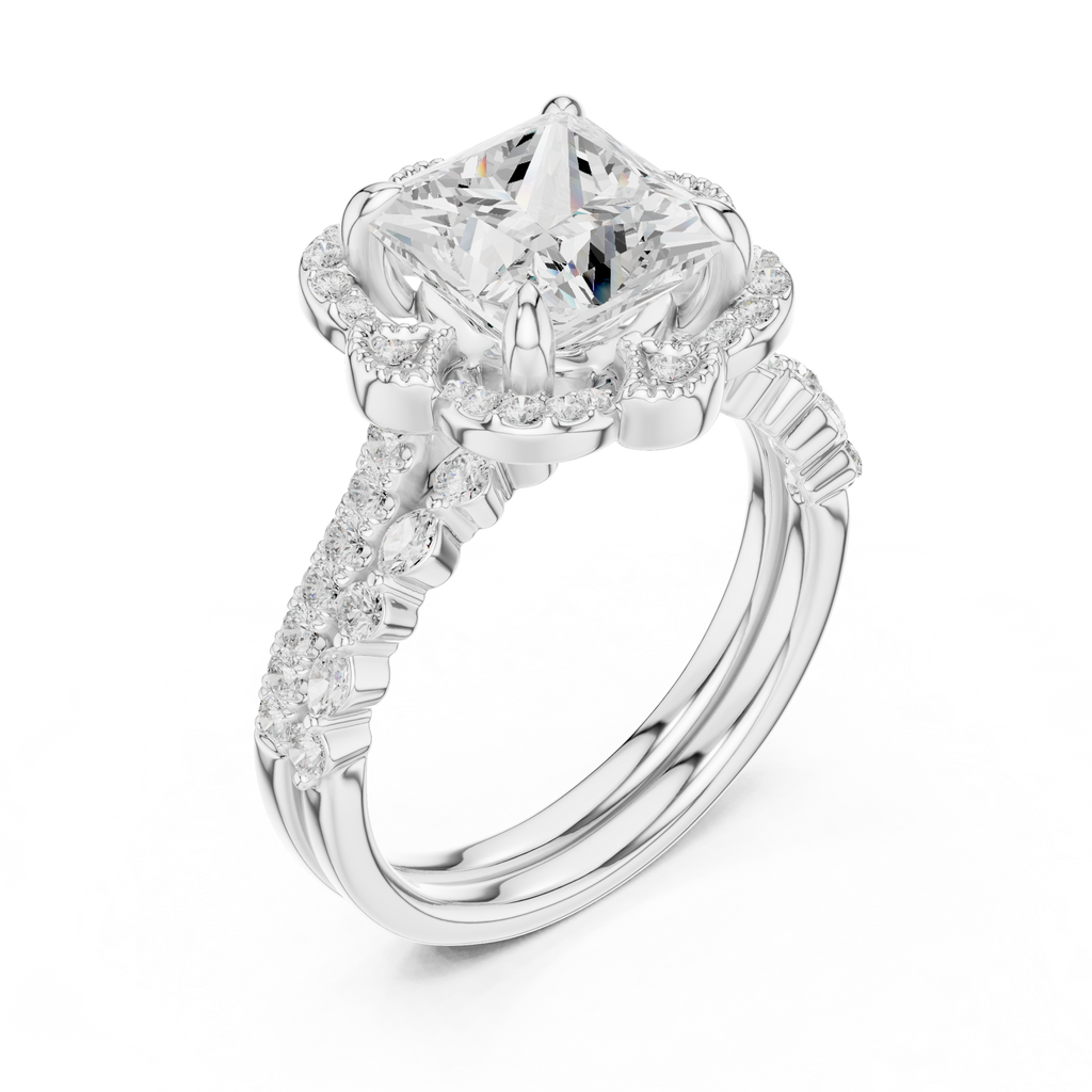 3.56 CT Princess Cut Floral Halo Diamond Engagement Ring