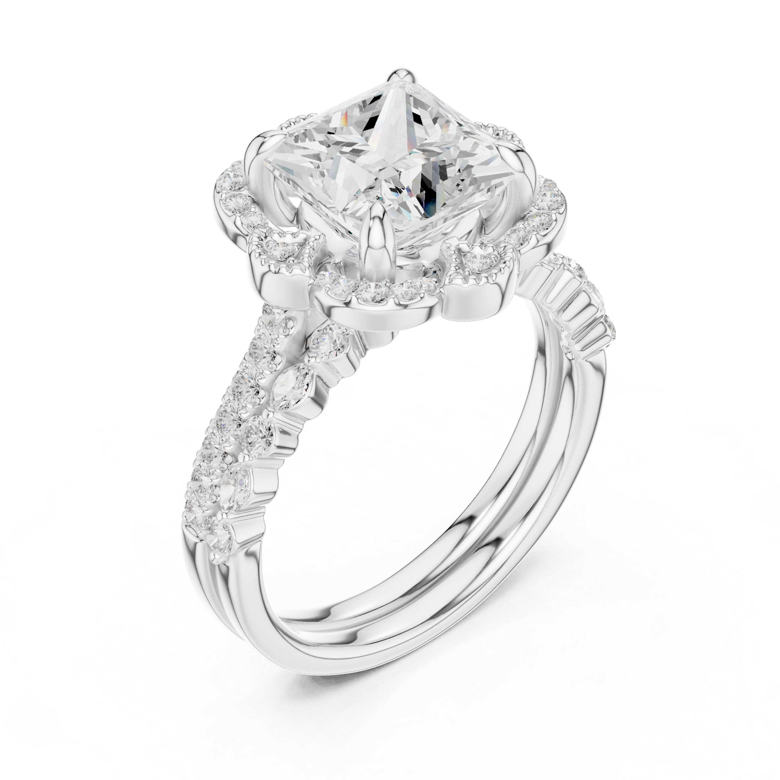 3.56 CT Princess Cut Floral Halo Diamond Engagement Ring