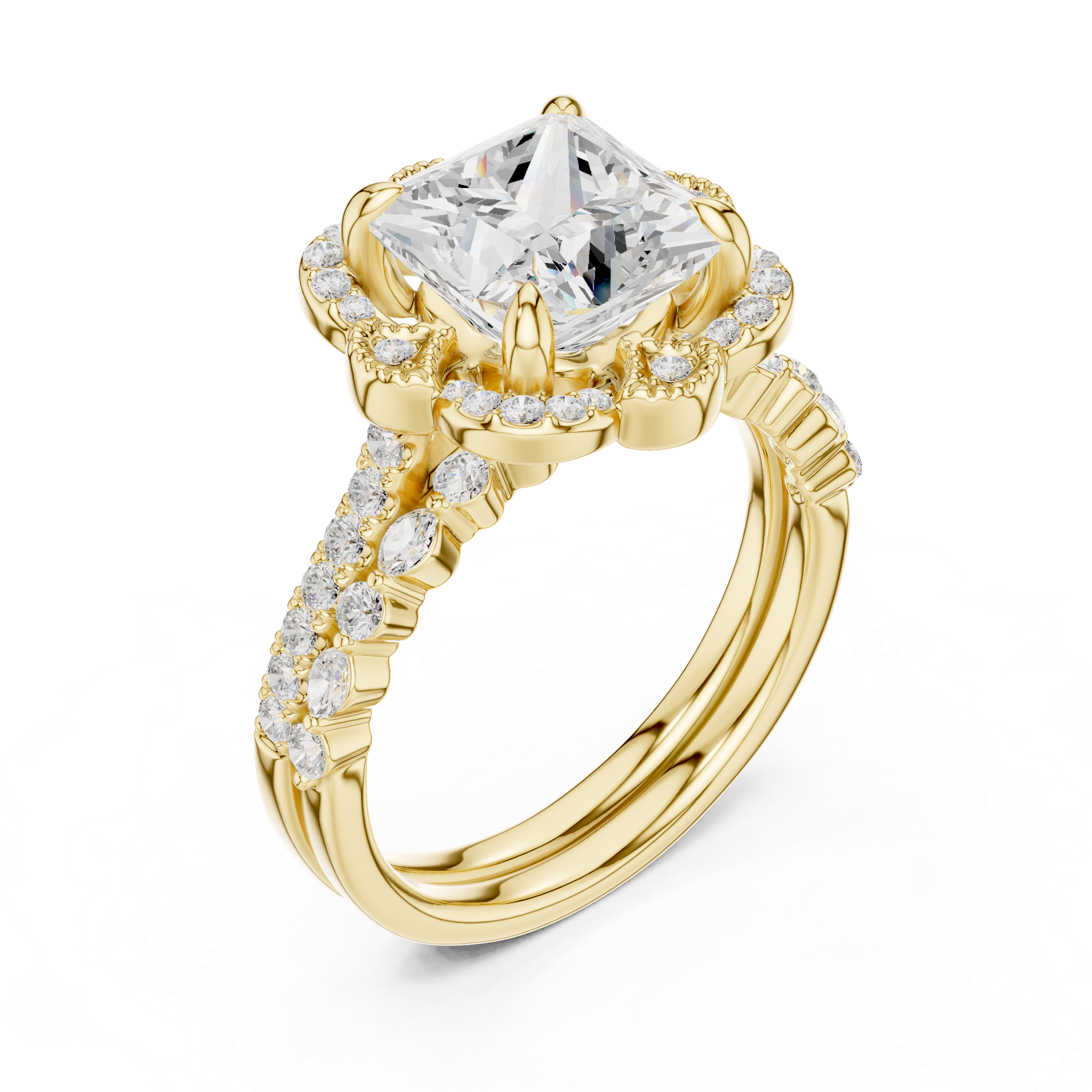 3.56 CT Princess Cut Floral Halo Diamond Engagement Ring
