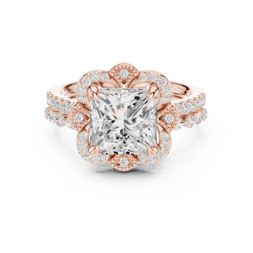 3.56 CT Princess Cut Floral Halo Diamond Engagement Ring
