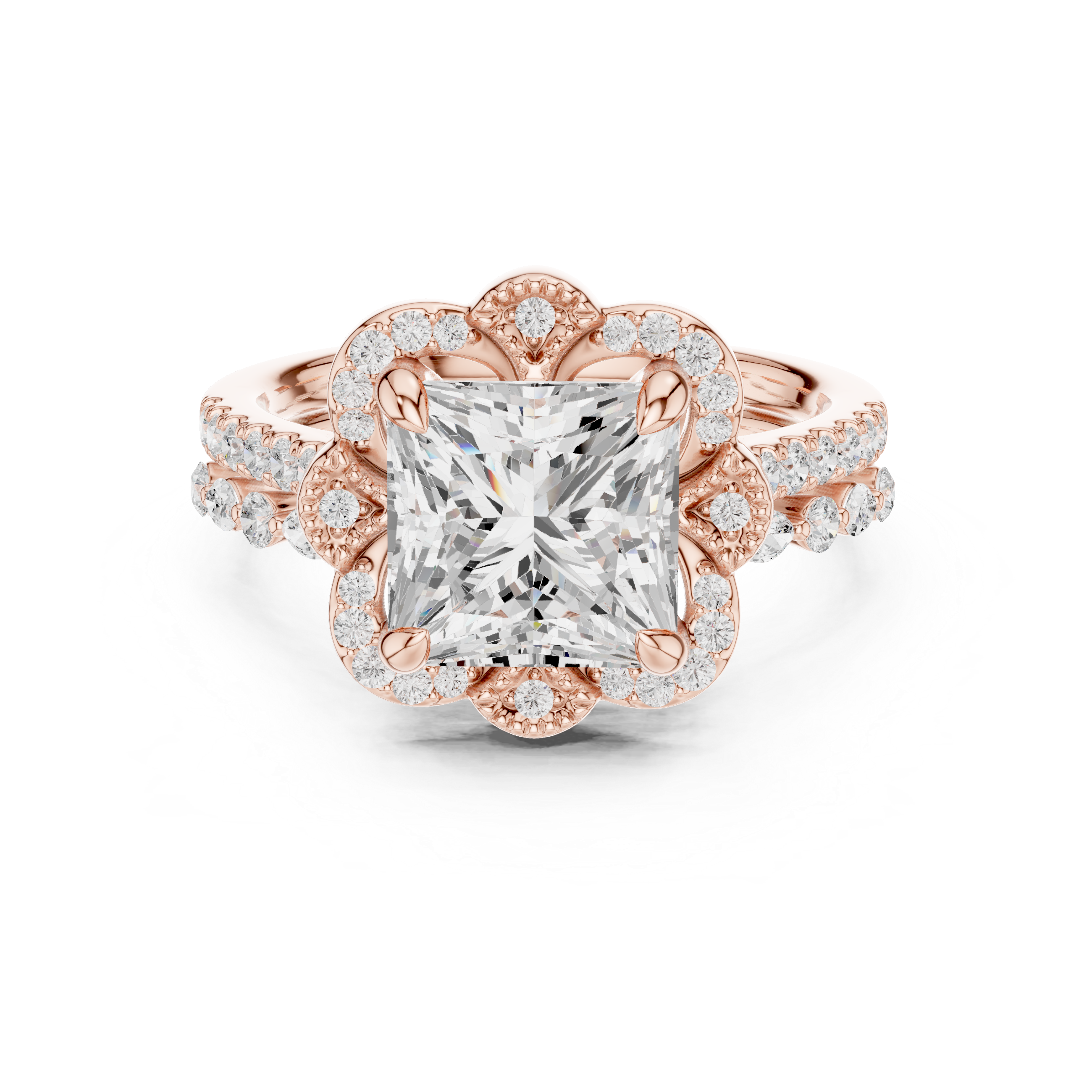 3.56 CT Princess Cut Floral Halo Diamond Engagement Ring
