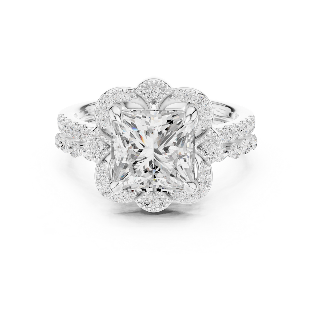 3.56 CT Princess Cut Floral Halo Diamond Engagement Ring