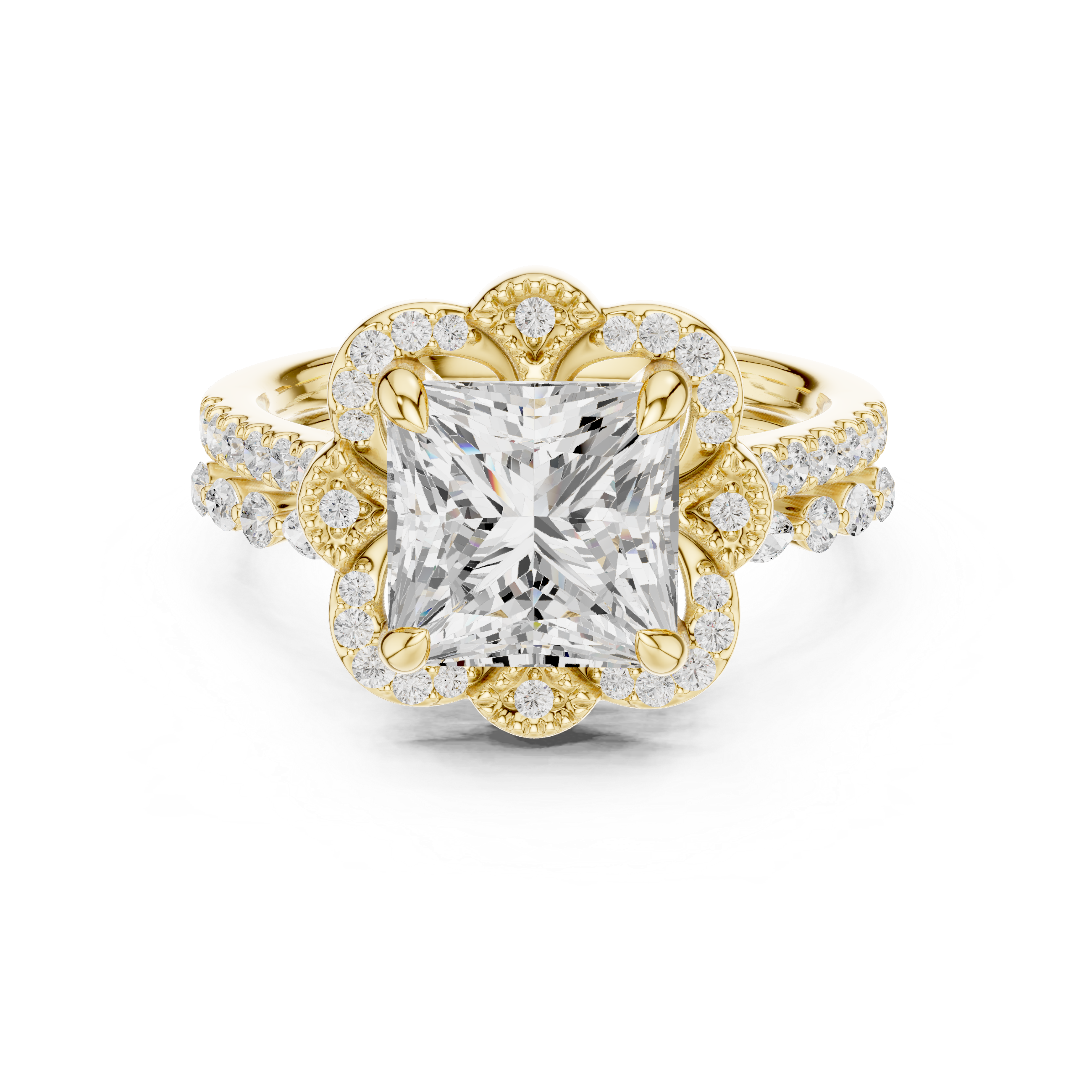 3.56 CT Princess Cut Floral Halo Diamond Engagement Ring