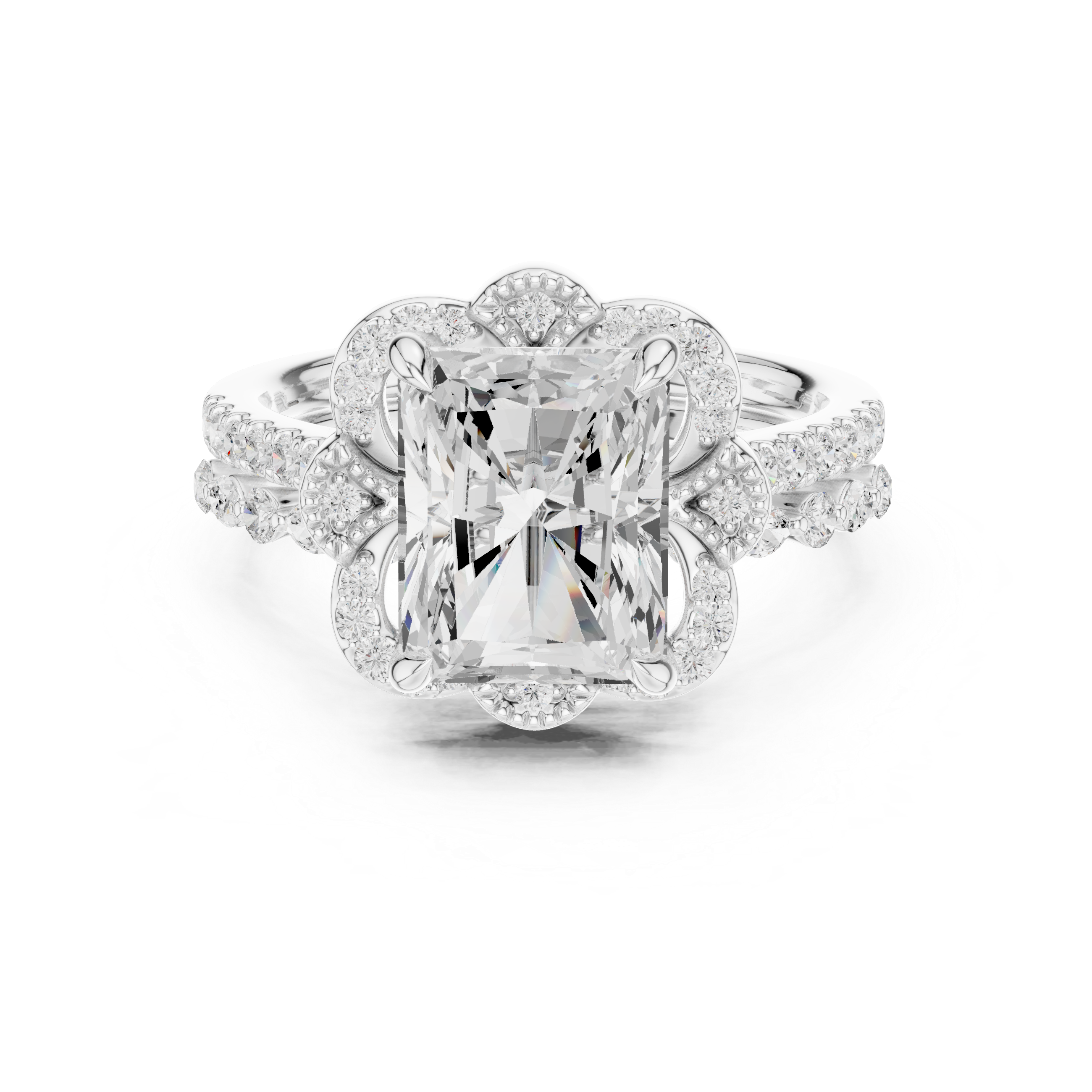 3.59 CT Radiant Cut Floral Halo Diamond Engagement Ring