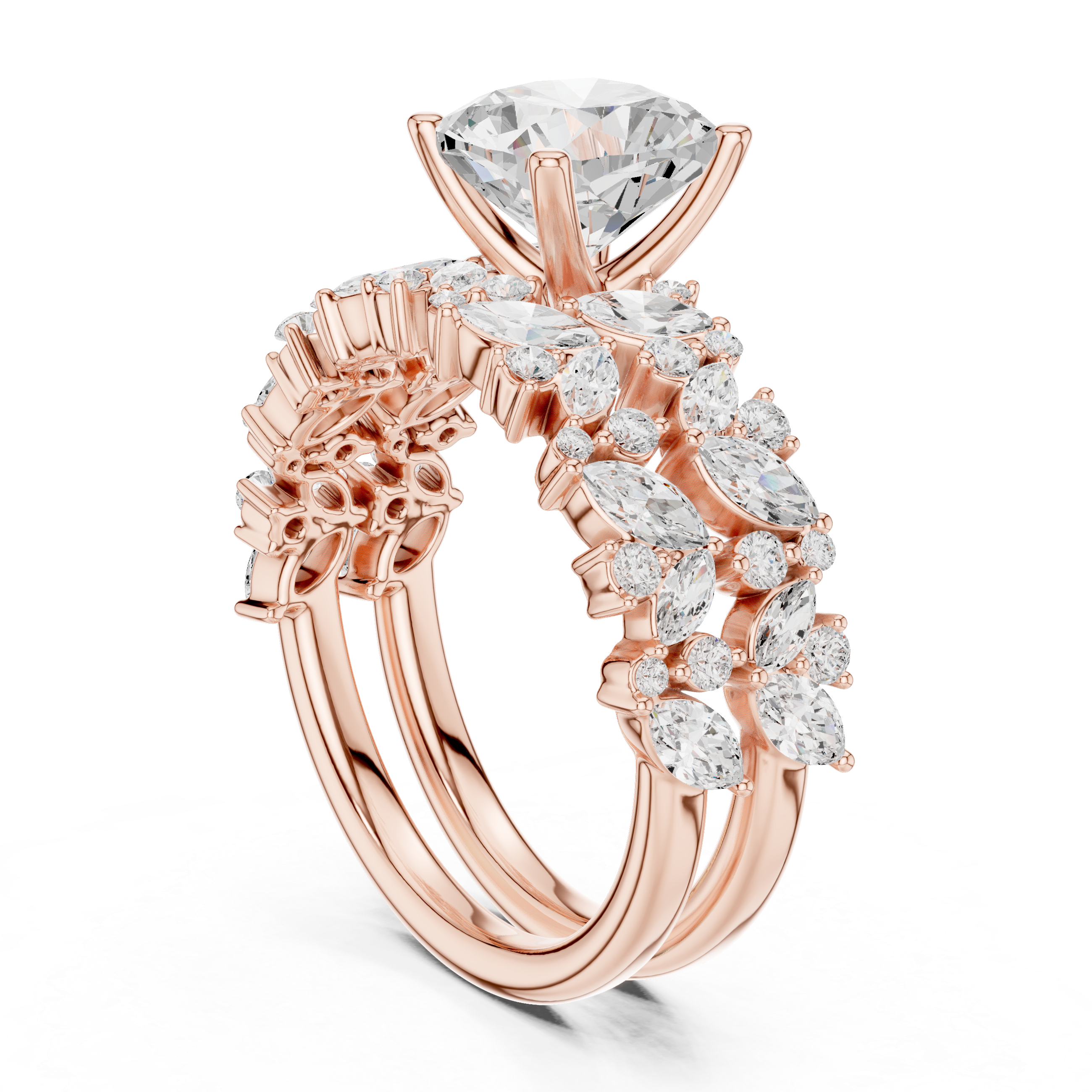 Cushion Cut Multi-Row Marquise Diamond Statement Ring