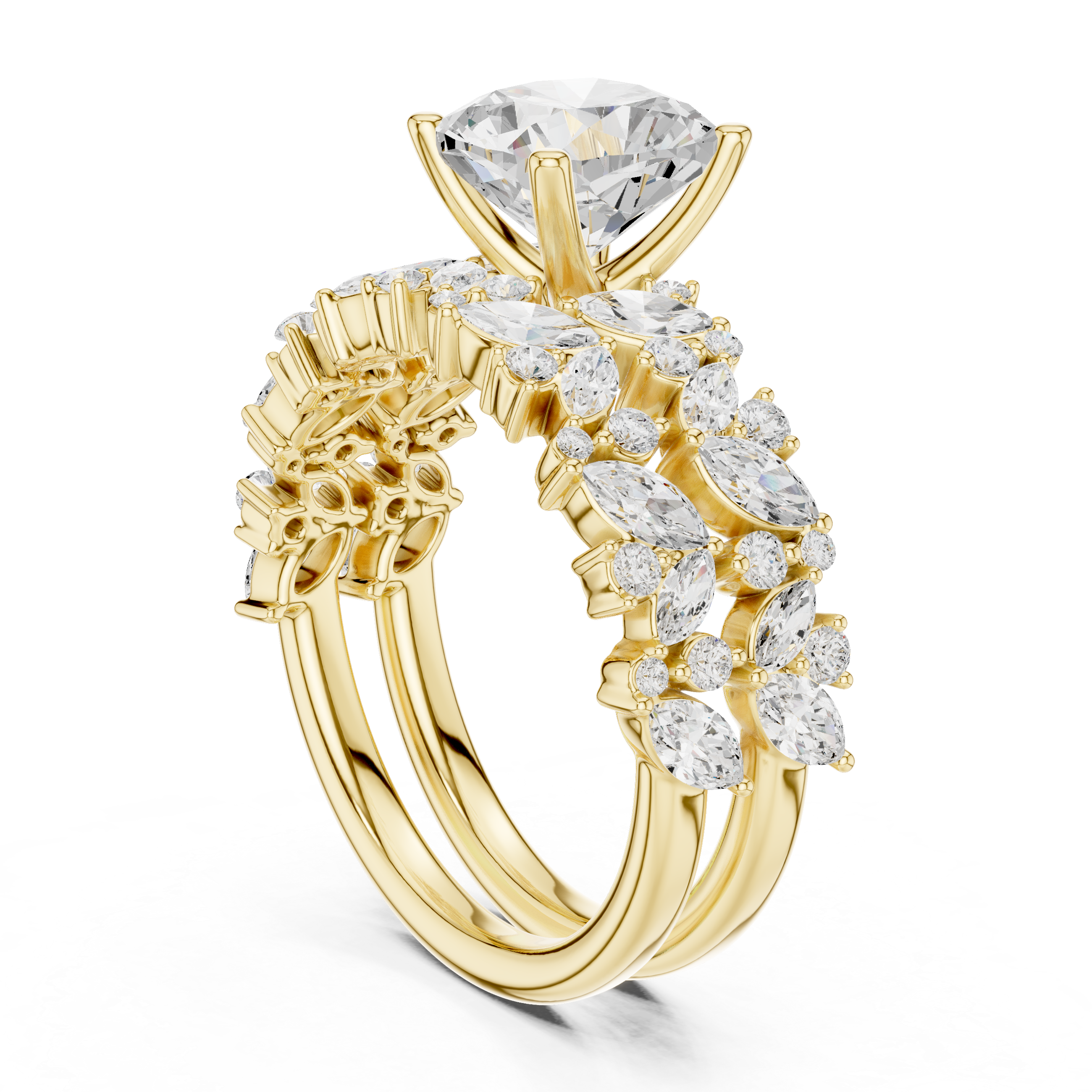 Cushion Cut Multi-Row Marquise Diamond Statement Ring