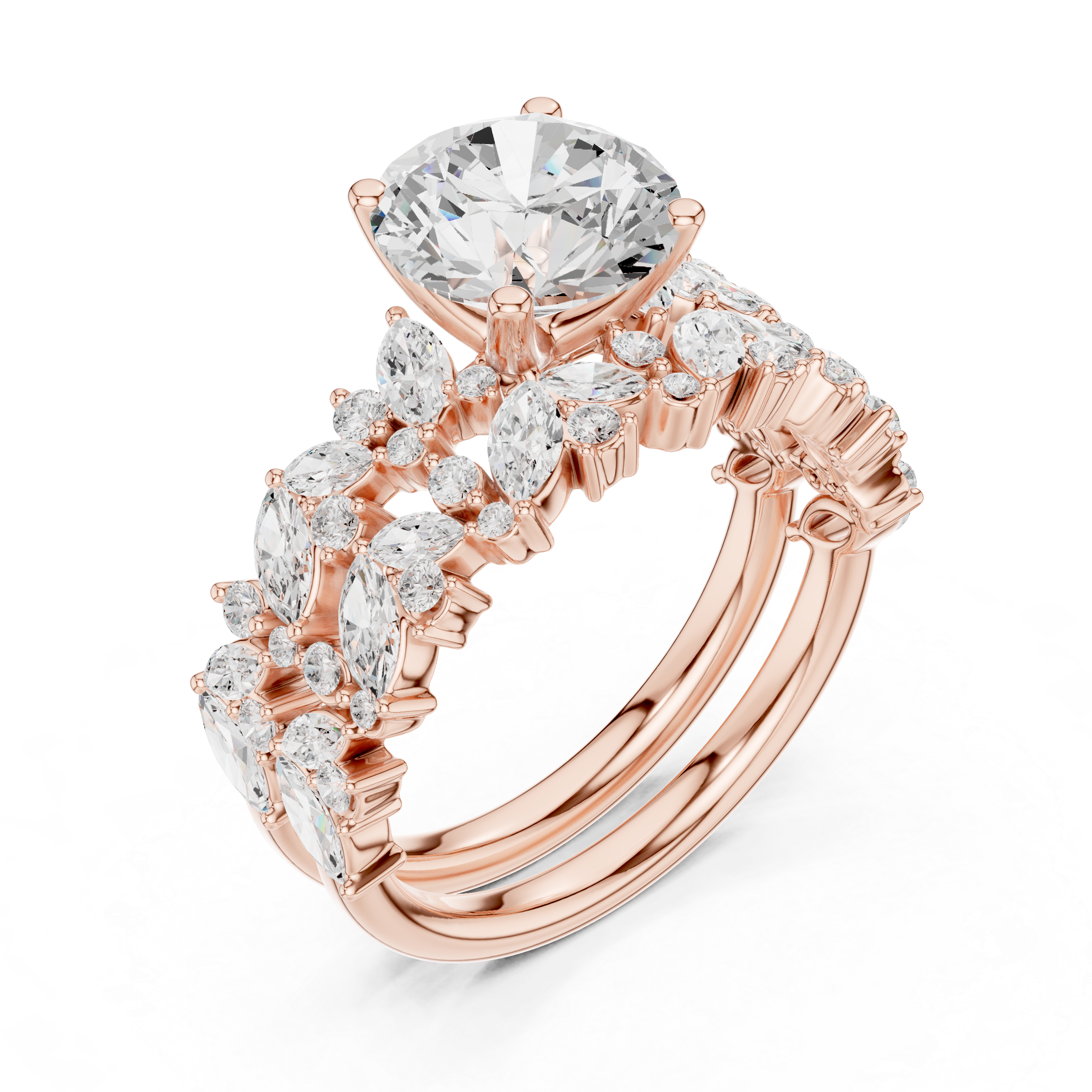 Round Cut Multi-Row Marquise Diamond Statement Ring