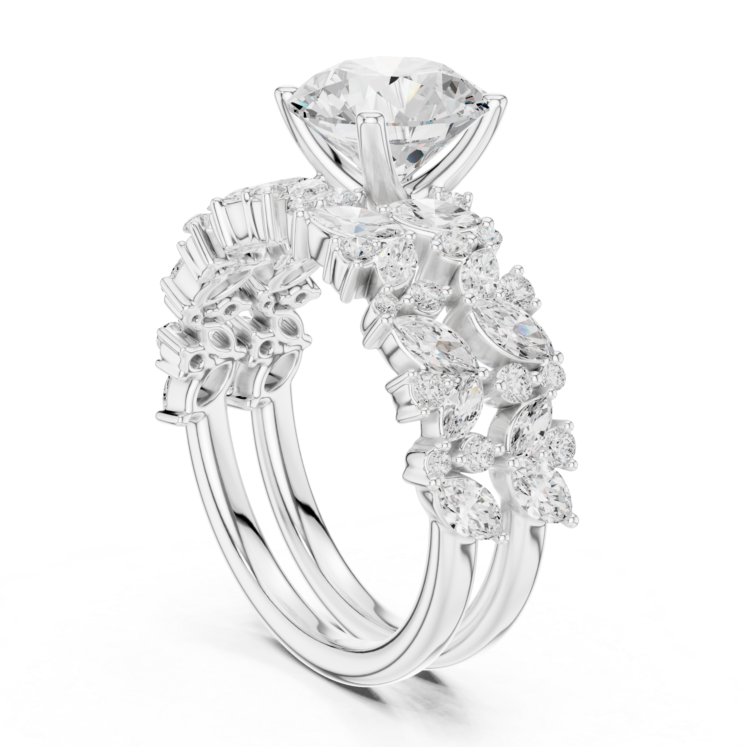 Round Cut Multi-Row Marquise Diamond Statement Ring