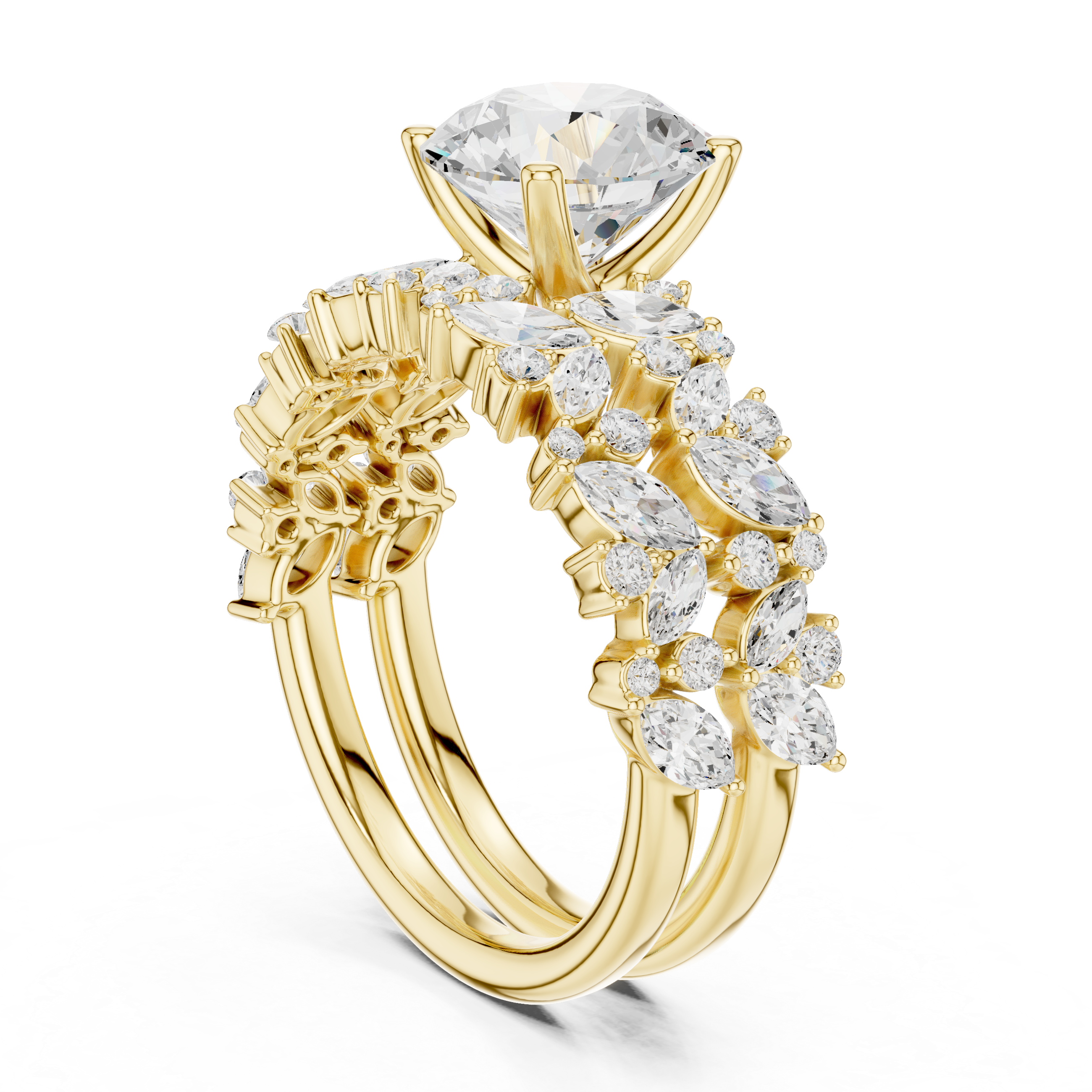 Round Cut Multi-Row Marquise Diamond Statement Ring