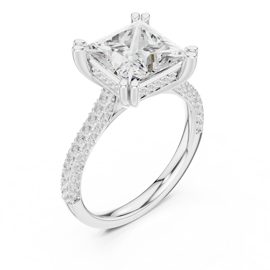 Princess Cut Hidden Halo Diamond Engagement Ring with Pavé Split Shank | 4.44 CTW