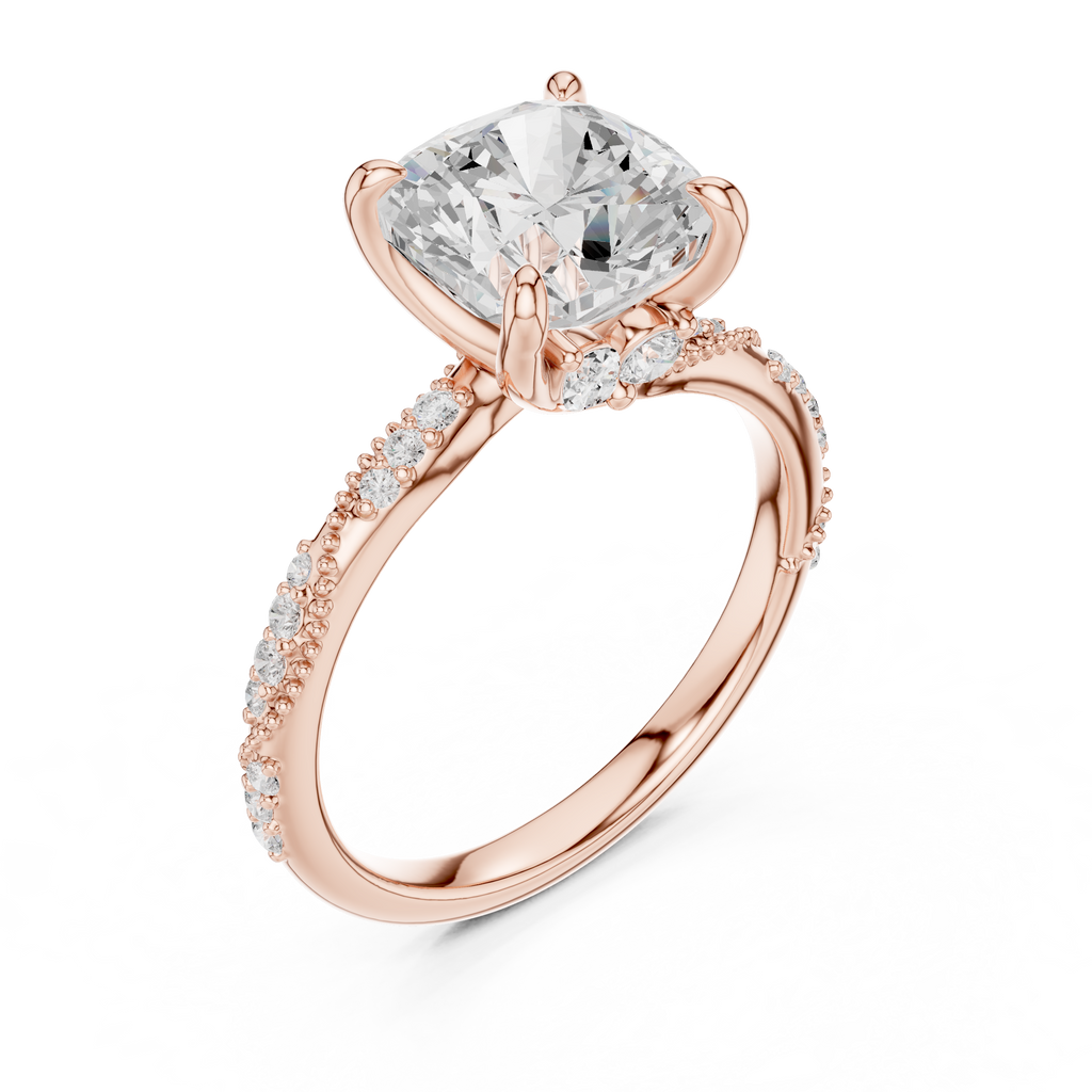 3.08 CT Cushion Cut Three Stone Diamond Engagement Ring with Pavé Band