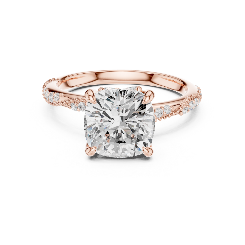 3.08 CT Cushion Cut Three Stone Diamond Engagement Ring with Pavé Band