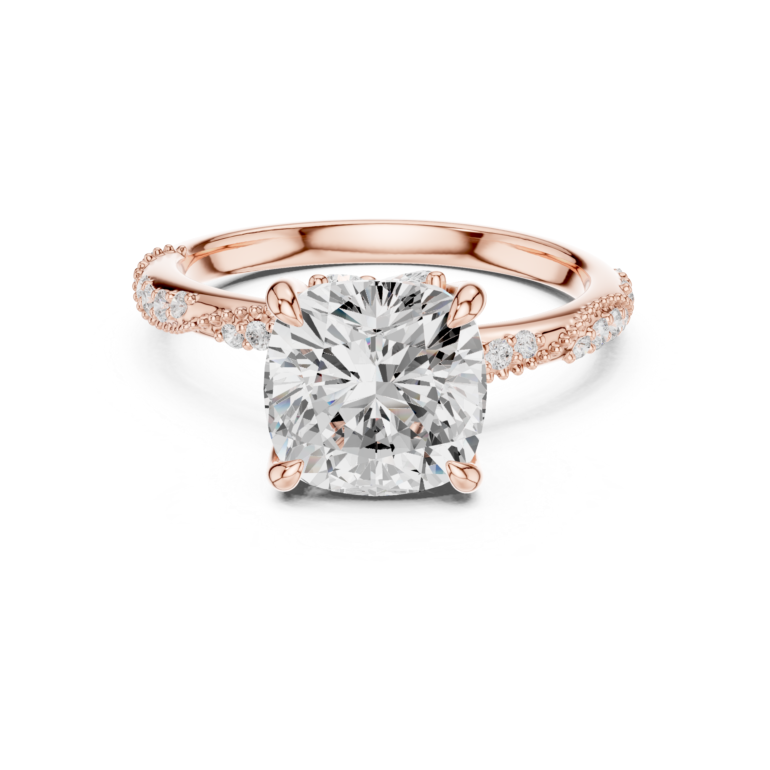 3.08 CT Cushion Cut Three Stone Diamond Engagement Ring with Pavé Band