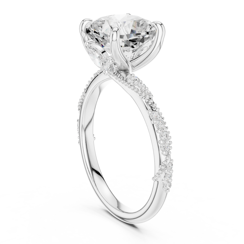 3.08 CT Cushion Cut Three Stone Diamond Engagement Ring with Pavé Band
