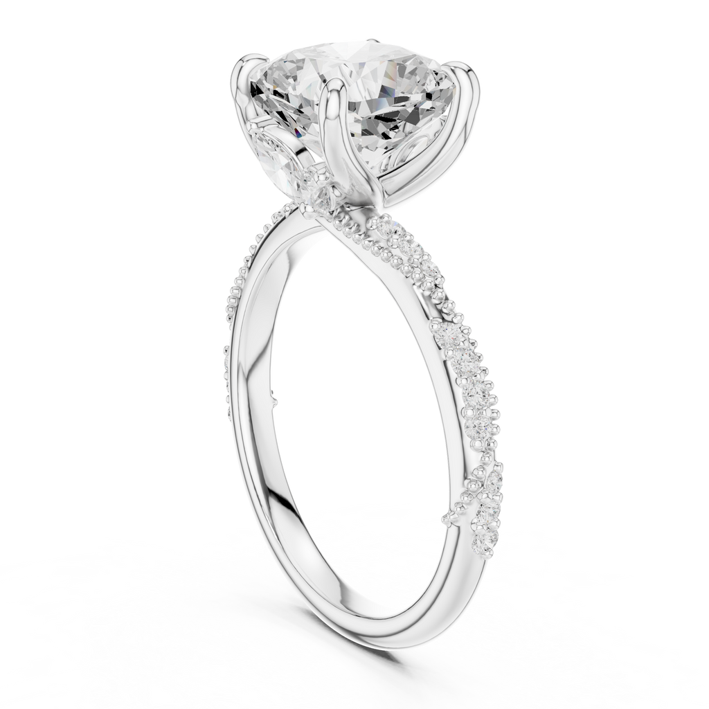 3.08 CT Cushion Cut Three Stone Diamond Engagement Ring with Pavé Band