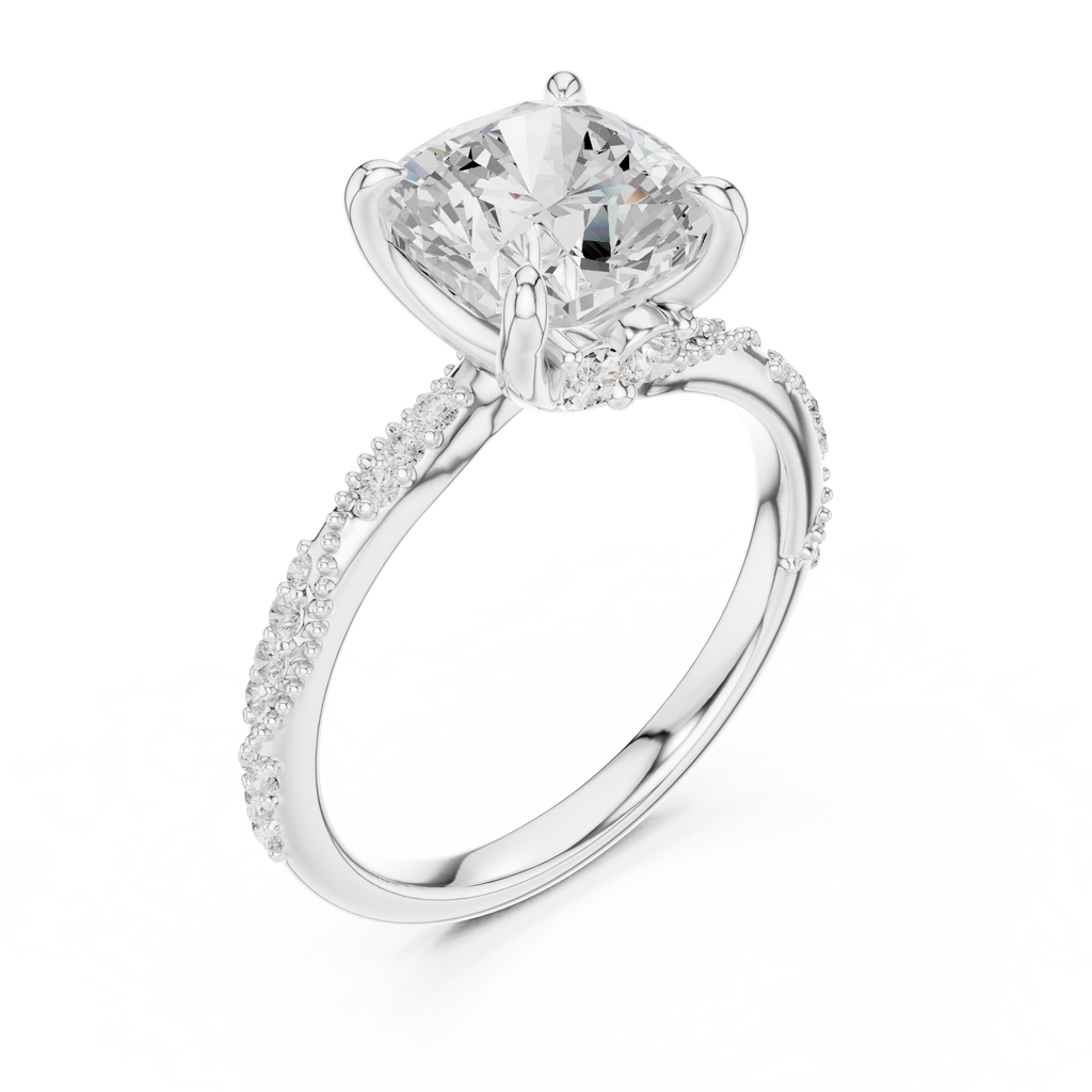 3.08 CT Cushion Cut Three Stone Diamond Engagement Ring with Pavé Band