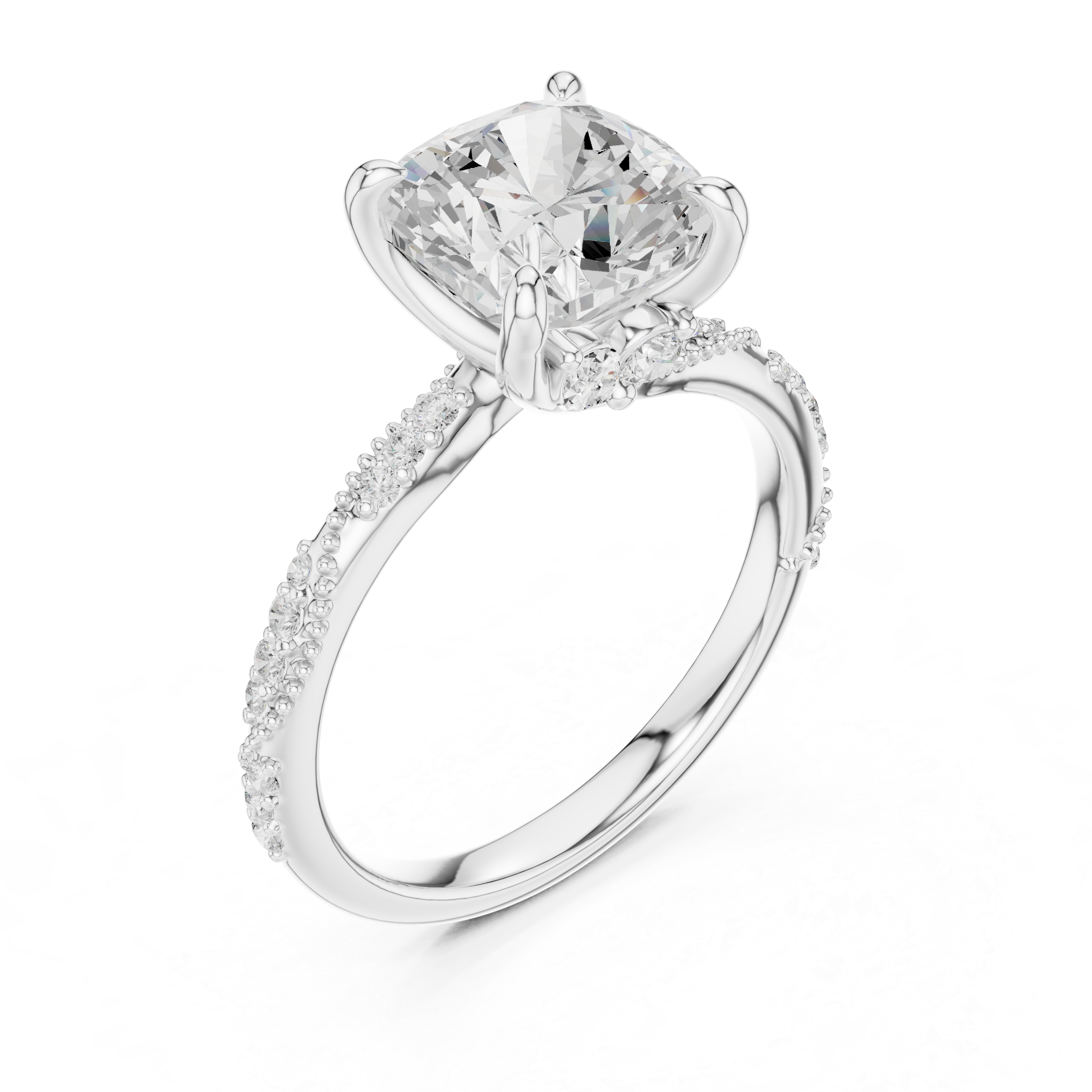 3.08 CT Cushion Cut Three Stone Diamond Engagement Ring with Pavé Band