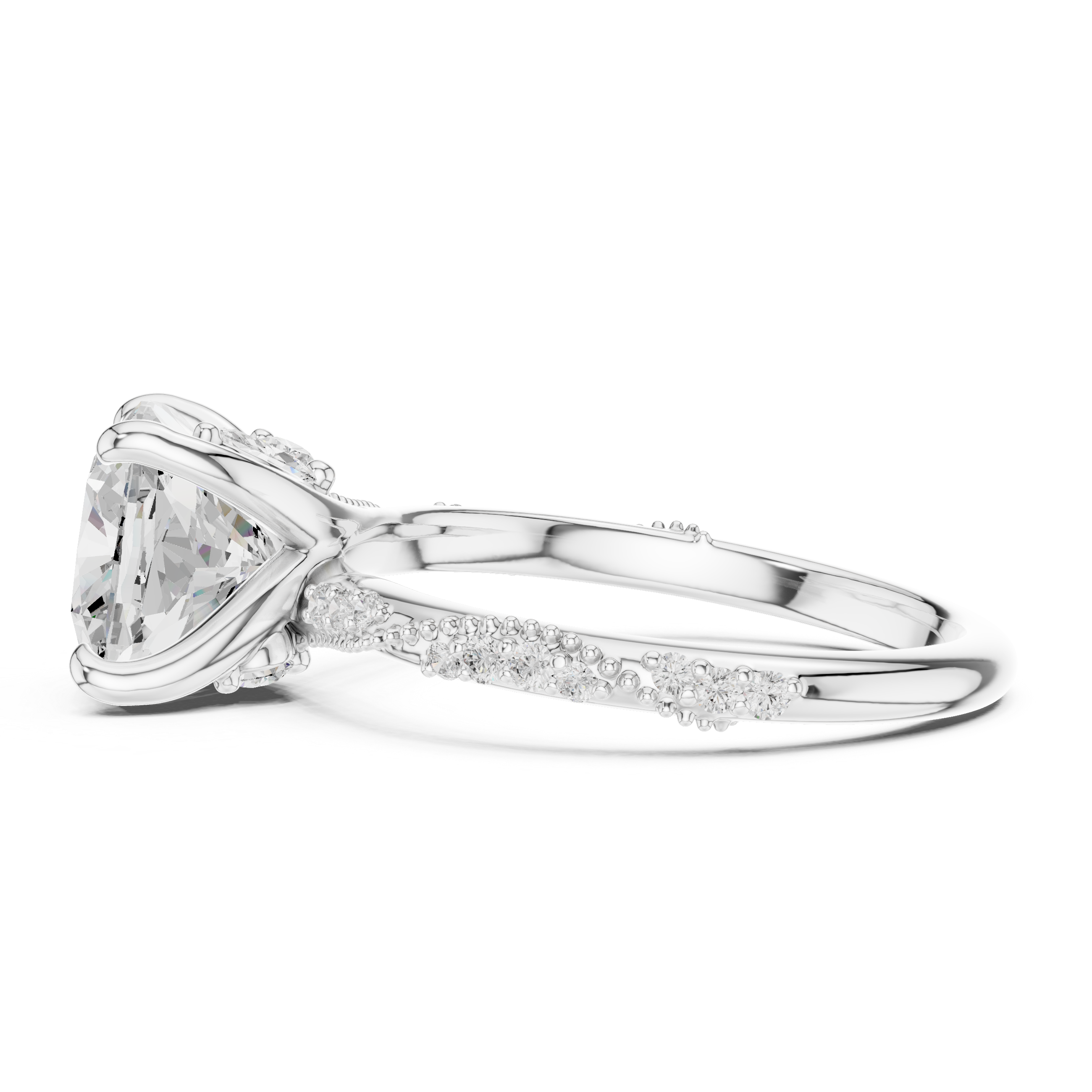 3.08 CT Cushion Cut Three Stone Diamond Engagement Ring with Pavé Band