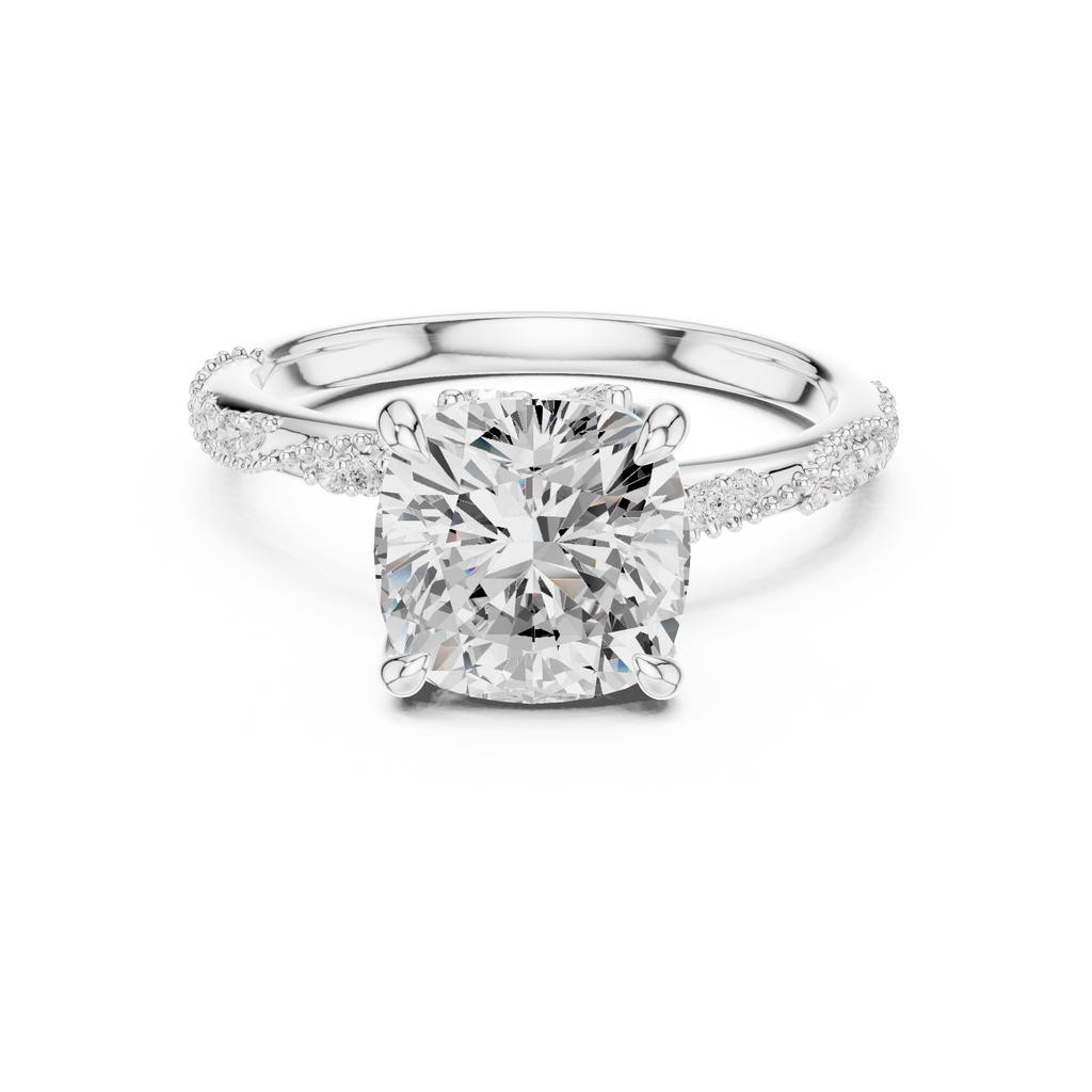 3.08 CT Cushion Cut Three Stone Diamond Engagement Ring with Pavé Band