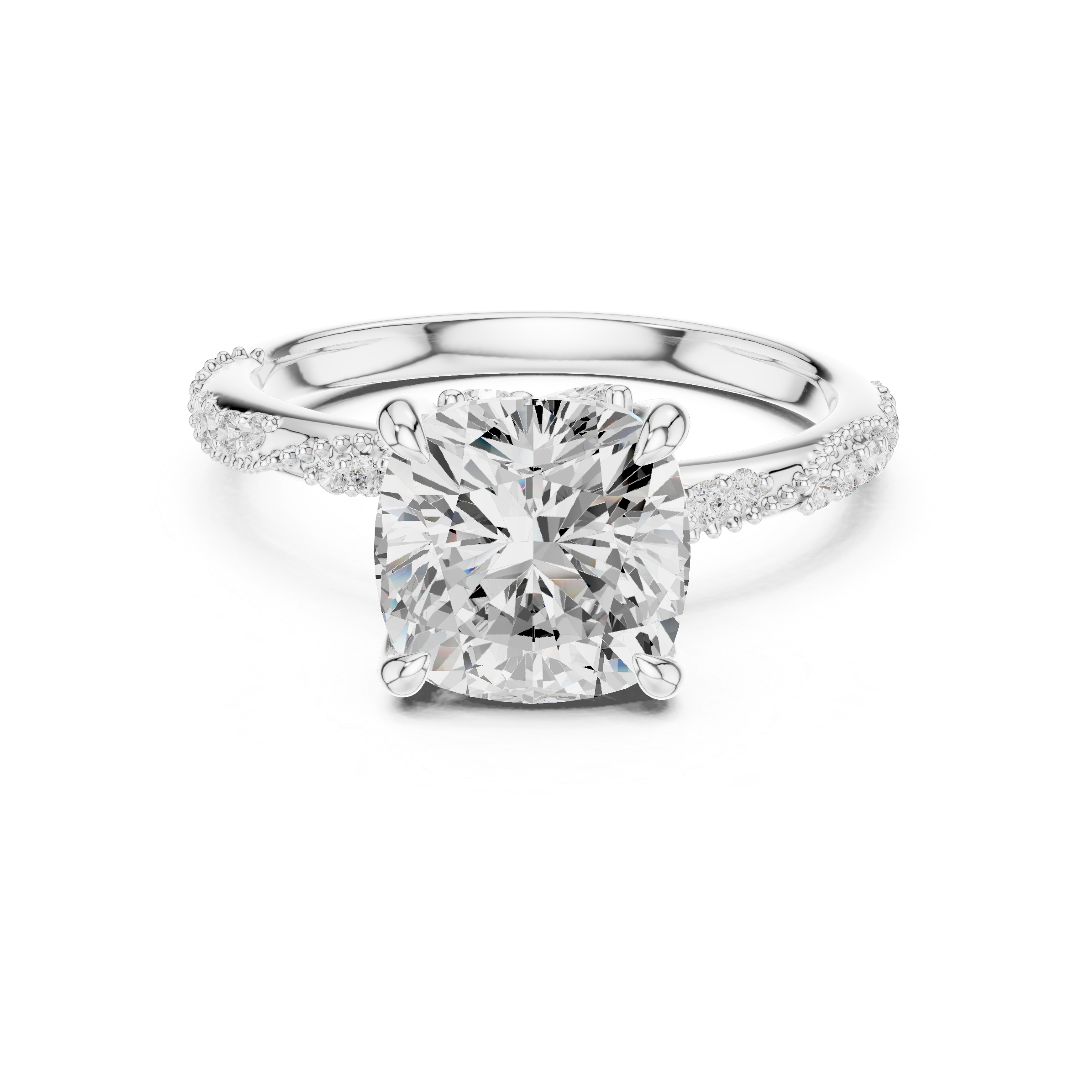 3.08 CT Cushion Cut Three Stone Diamond Engagement Ring with Pavé Band