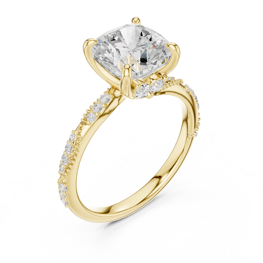 3.08 CT Cushion Cut Three Stone Diamond Engagement Ring with Pavé Band