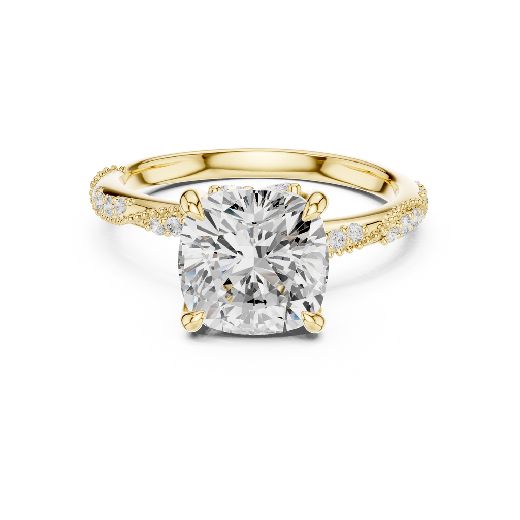 3.08 CT Cushion Cut Three Stone Diamond Engagement Ring with Pavé Band