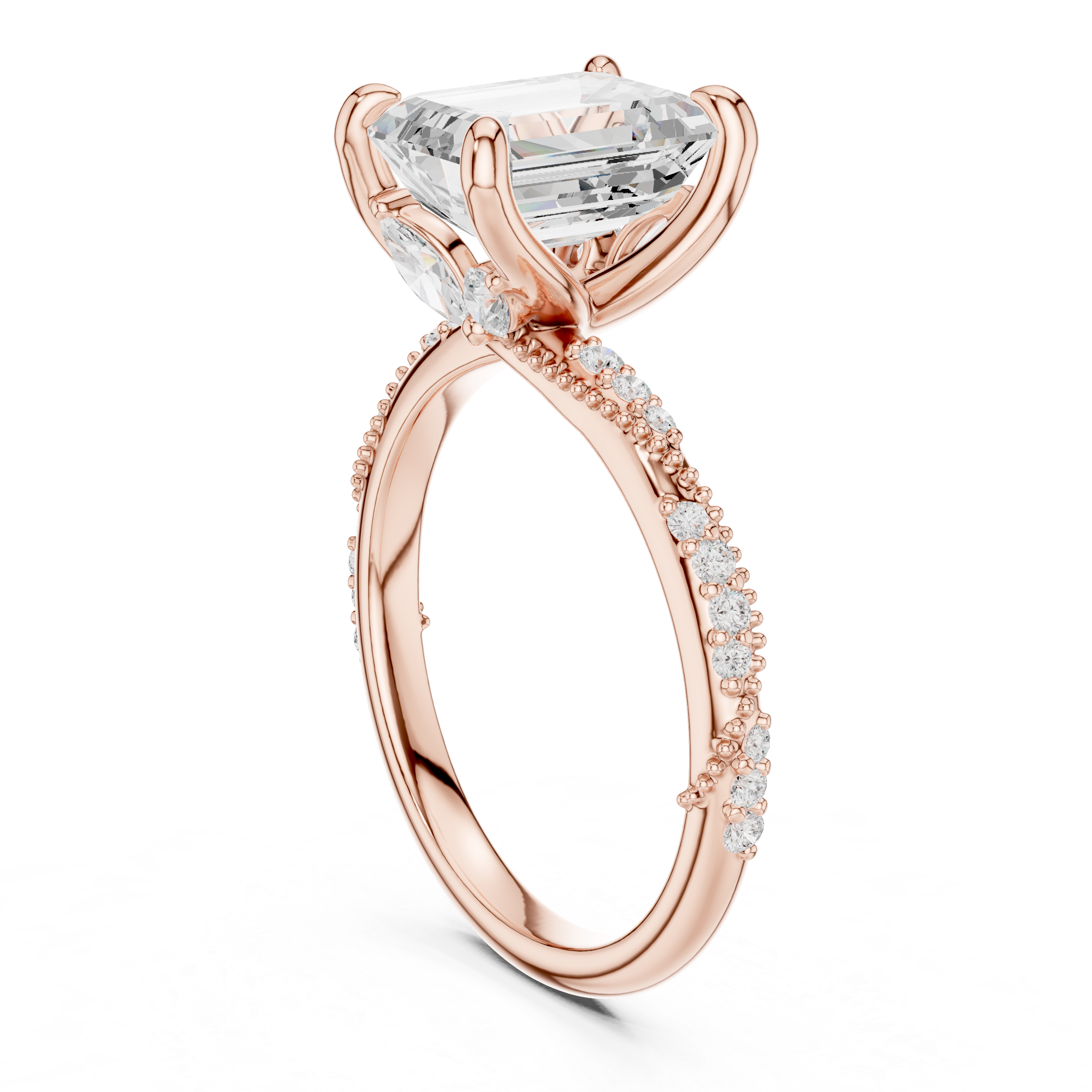 2.95 CT Emerald Cut Three Stone Diamond Engagement Ring with Hidden Accent Diamonds